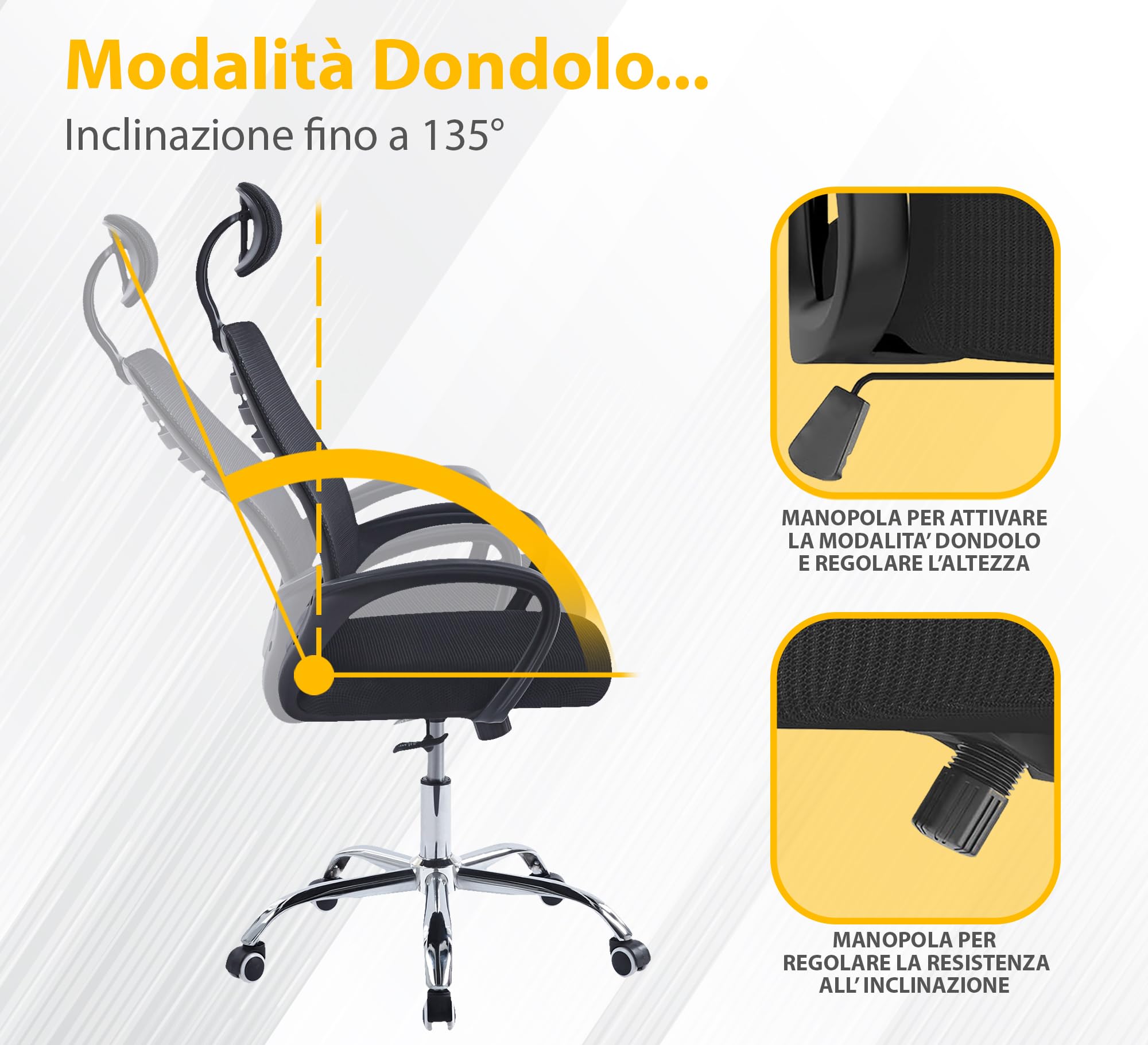 IlGruppone Sedia Direzionale Da Ufficio Schienale In Rete Regolabile In Altezza,Girevole Inclinazione Ad Ondeggiamento Pistone Gas Traspirante,Supporto Lombare Poggiatesta Elegante Ergonomica,