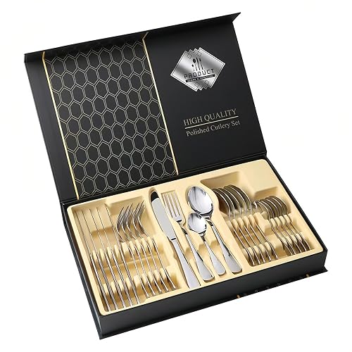 BEMMY 24 Kit Jogo de Talheres, Talheres de aço inoxidável，Caixa de Presente Luxuosa para Talheres, Faca, Garfo  e Colher,Jogo Faqueiro Conjunto Aço Inox Luxo Jogo (Prata)