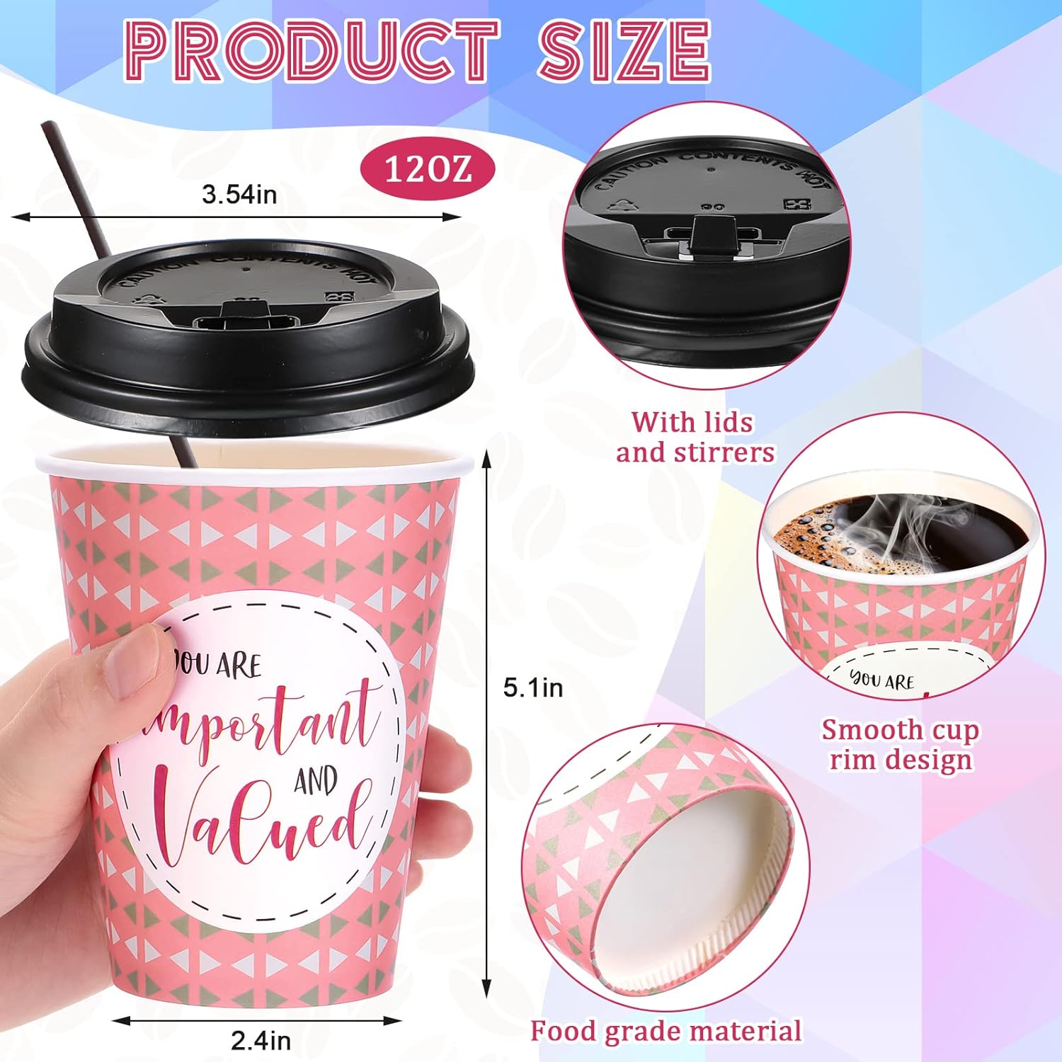 Gerrii 100 Pack Disposable Coffee Cups with Lids and Straws, Motivational Paper Hot Cups with 6 Quotes and Designs for Water, Juice, Coffee, Tea, Home, Shop Cafe (16 Oz,Fresh Style) - Image 4