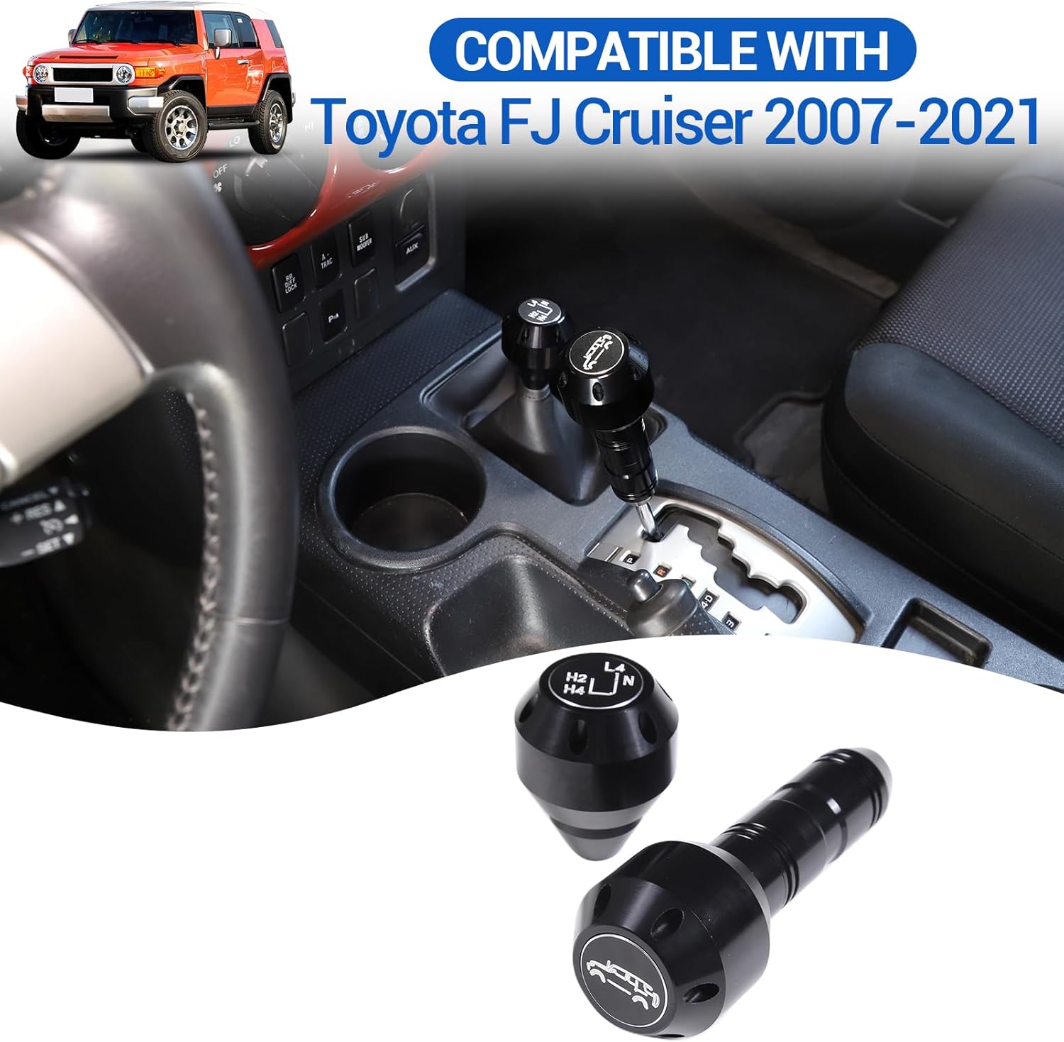 Compatible with Toyota FJ Cruiser 2007-2021 Car Gear Shifter Head Replacement, Aluminum Alloy Shifter Shift Button Knob Replacement Kit (Black)