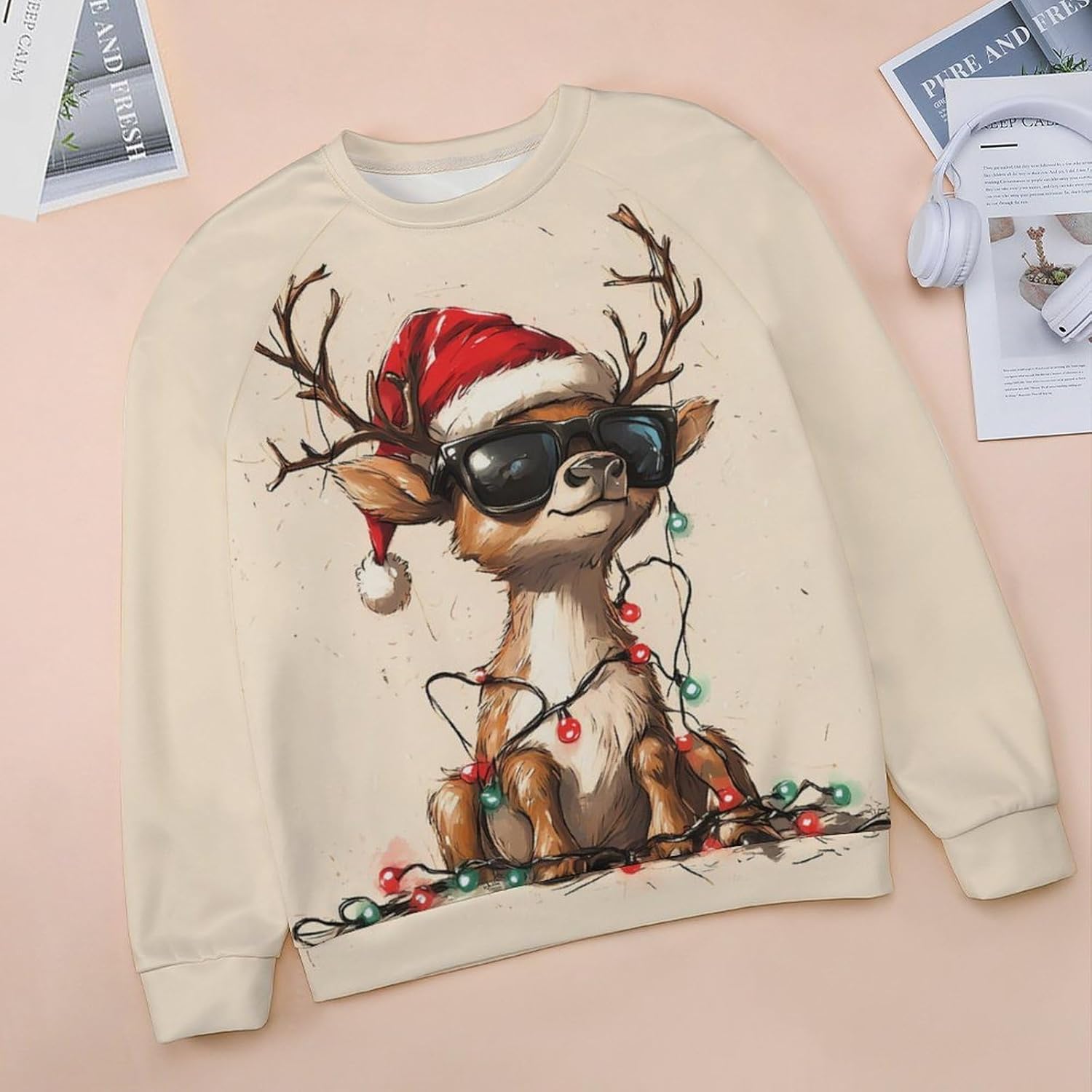 HOTYD Womens Cute Deer Print Christmas Sweatshirt Casual Long Sleeve Crew Neck Graphic Sweatshirt Oversized Pullover Tops - Image 3