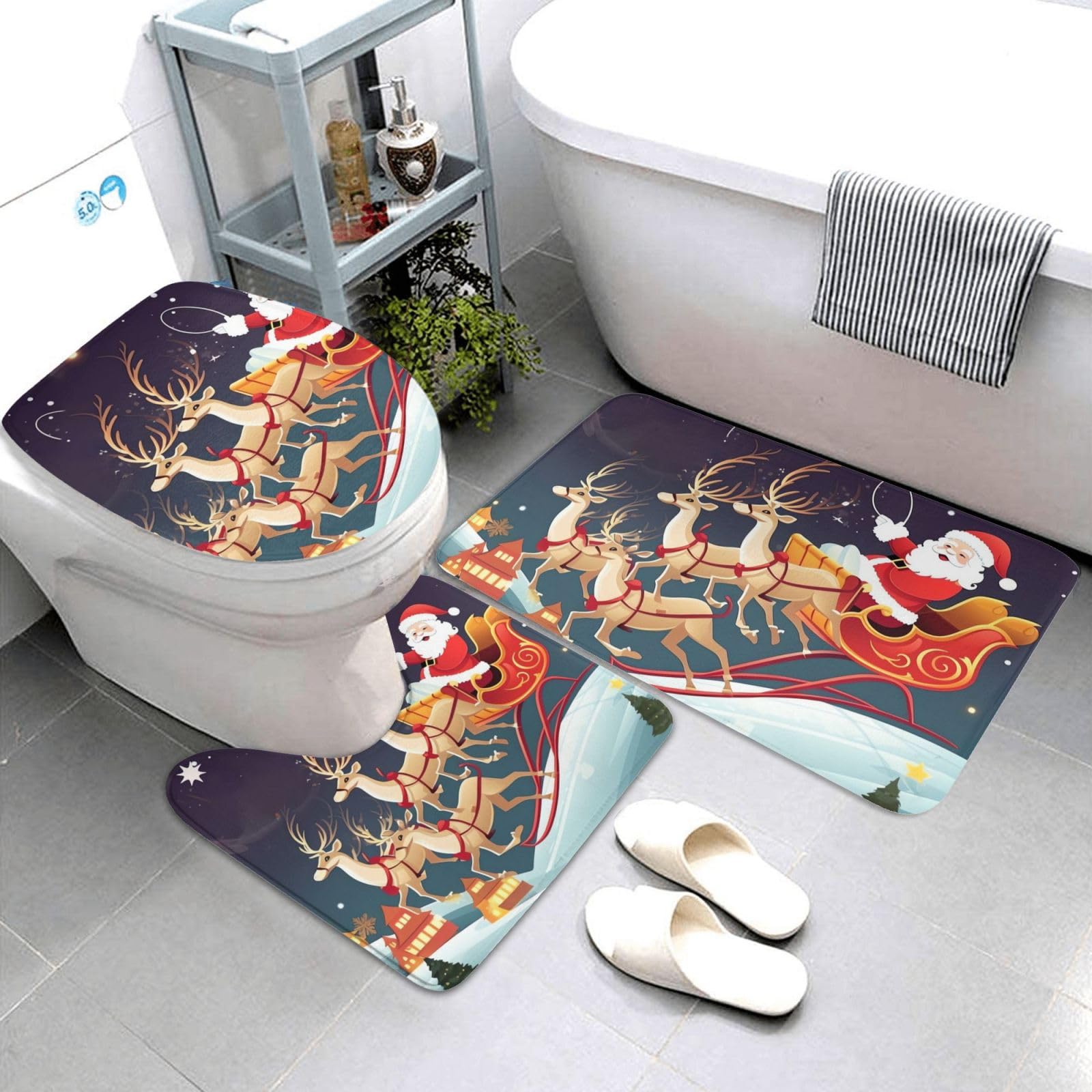 Dwrepo Merry Christmas Santa Claus Reindeer Sled Print Bathroom Rug Set 3 Piece with Non-Slip U-Shaped Contour Mat and Toilet Lid Cover for Bathroom Decoration
