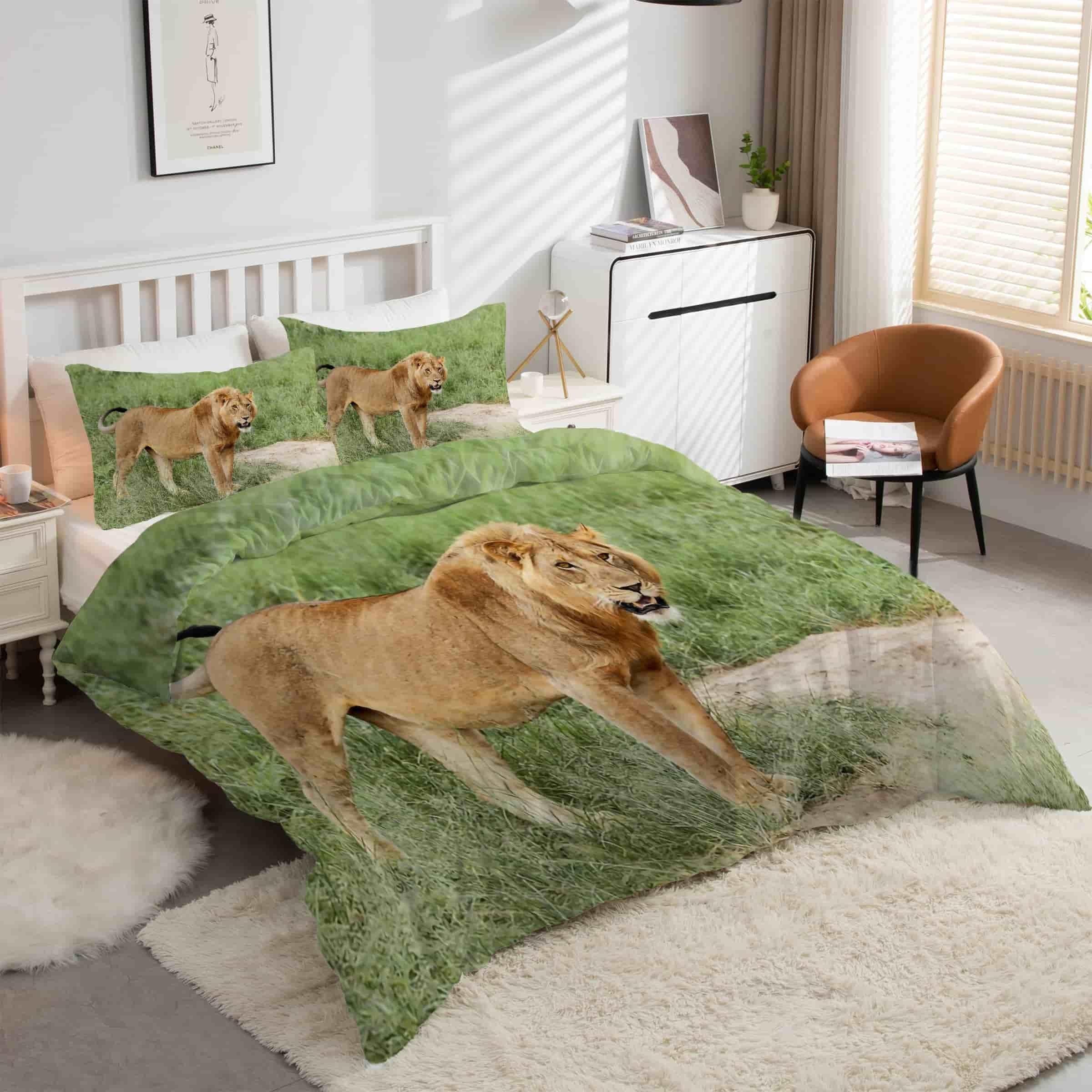 Housse de Couette 220x240 Lion avec 2 Taies d'Oreiller en Microfibre Douce - Parure de Lit 3 Pièces