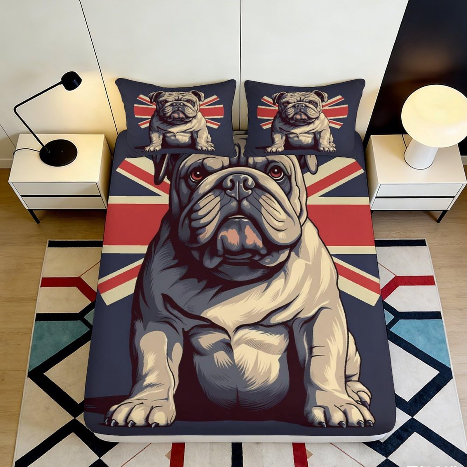3D Printed British Bulldog Fitted Sheet Microfiber Non-Slip Deep Pocket Union Bulldog Mattress Fitted Cover Machine Washable Bed Set 200x200x25cm
