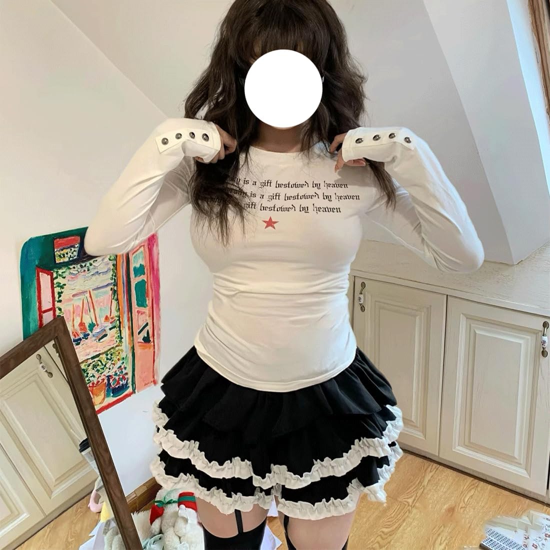 Lolita Kawaii Gothic Casual Style Elastic Waist Vintage Layered Lace Hem Ruffle Short Skirt with Underneath - Image 2