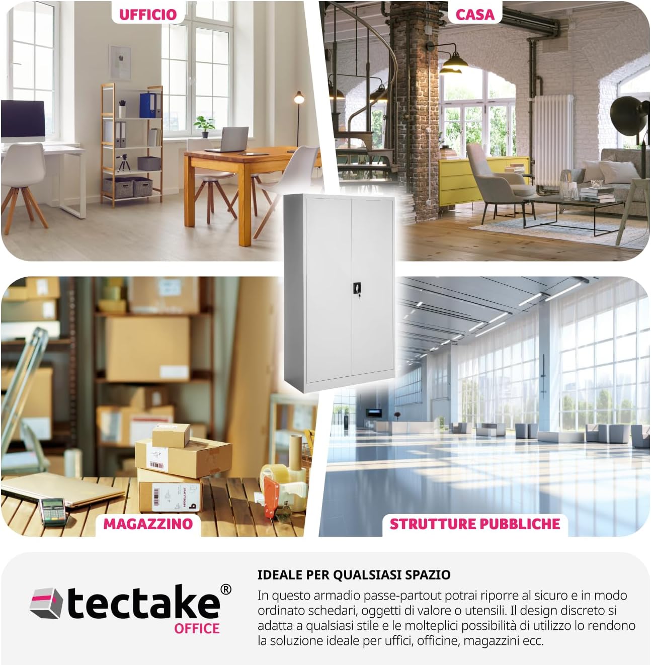 Collage showing the cabinet in various settings: office, home, warehouse, and public structures.