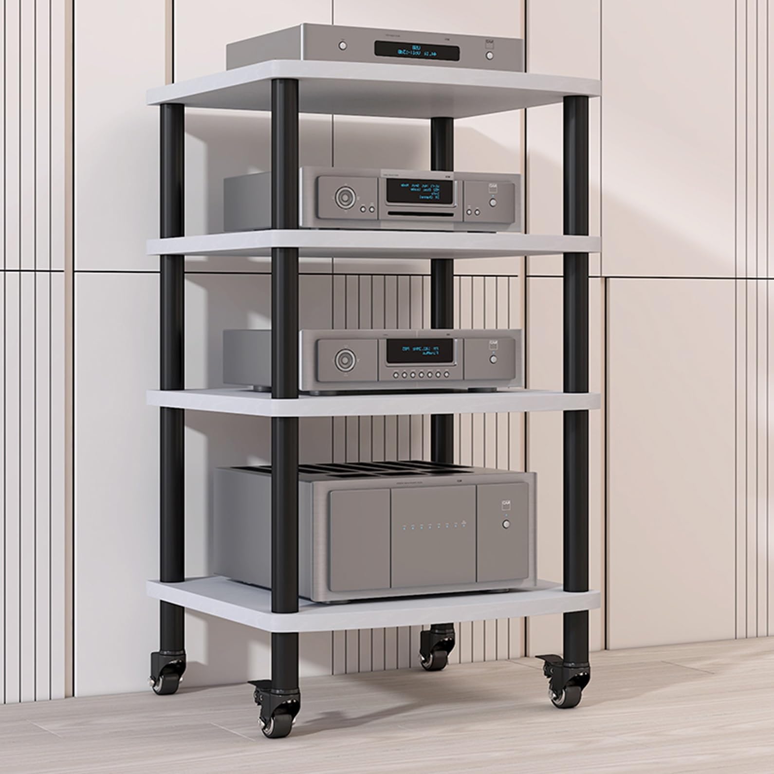 CWCQGH Audio Video Media Stand with Universal Wheels Modern Floor Standing Audio Rack Tower for Living Room Gaming Office & Recording,White-60x54x95cm
