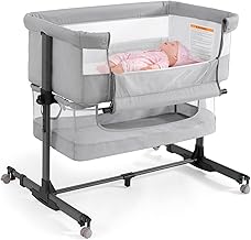 Ihoming Bassinet Bedside Sleeper for Baby, 3 in 1 Convertible Design, lnfant Bed & Bed Side Sleeper & Cradle Bassinets, Co Sleeper Bedside Crib Attaches to Bed, Light Grey