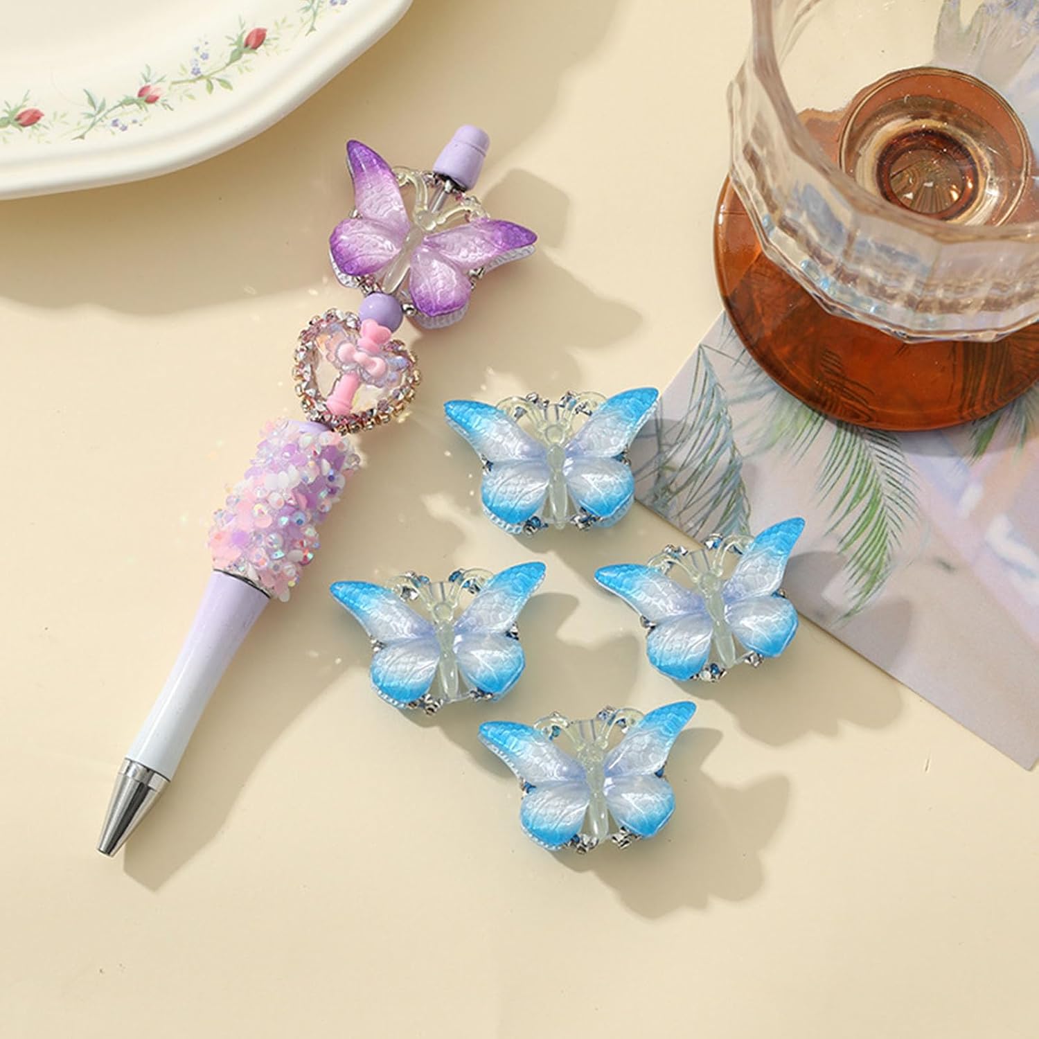 10 Pack Rhinestone Bow Shaped Beads for Beadable Pens Crystal Animal Loose Large Spacer Bead DIY Keychain Earring Necklace Jewelry Making (Butterfly 5 Color) - Image 4