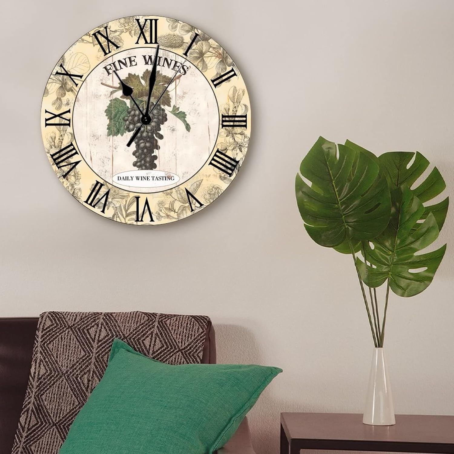 Fruit Grapes Kitchen Wooden Wall Clock Europe Country Style Kitchen Wall Clock Red Wine 15 Inch Round Wall Clocks Battery Operated Silent Rustic Wall Decor Home Decor for Living Room Bedroom Office