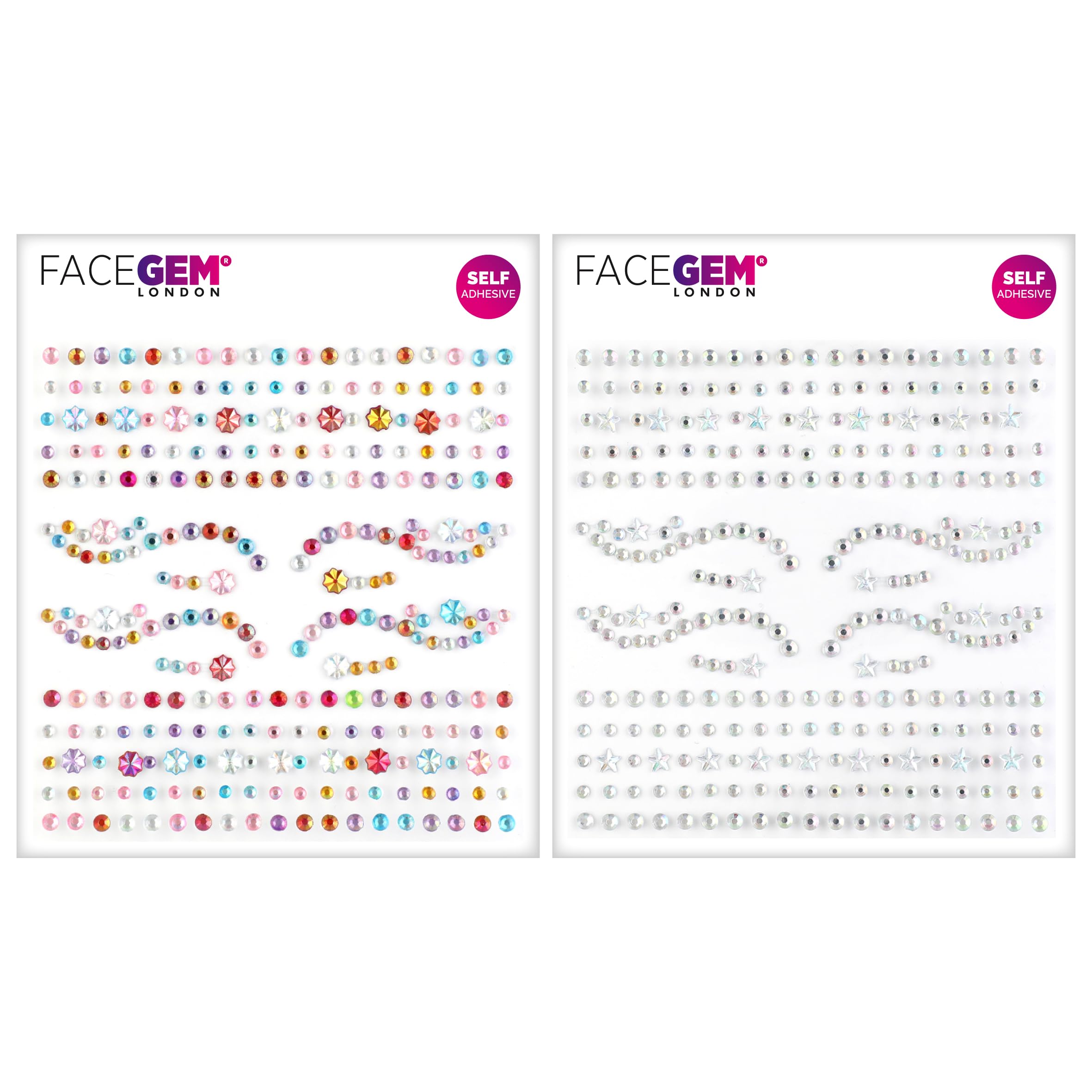 Facegem London Multicolor 2 Pcs Face Gems – Face Jewels - Self-Adhesive Rhinestone Face Jewels For Makeup, Party & Rave Looks - Eye Gems, Face Glitter, Self- Adhesive Festival Gems, Glitter Tattoo, Face Gems (Multicolor)