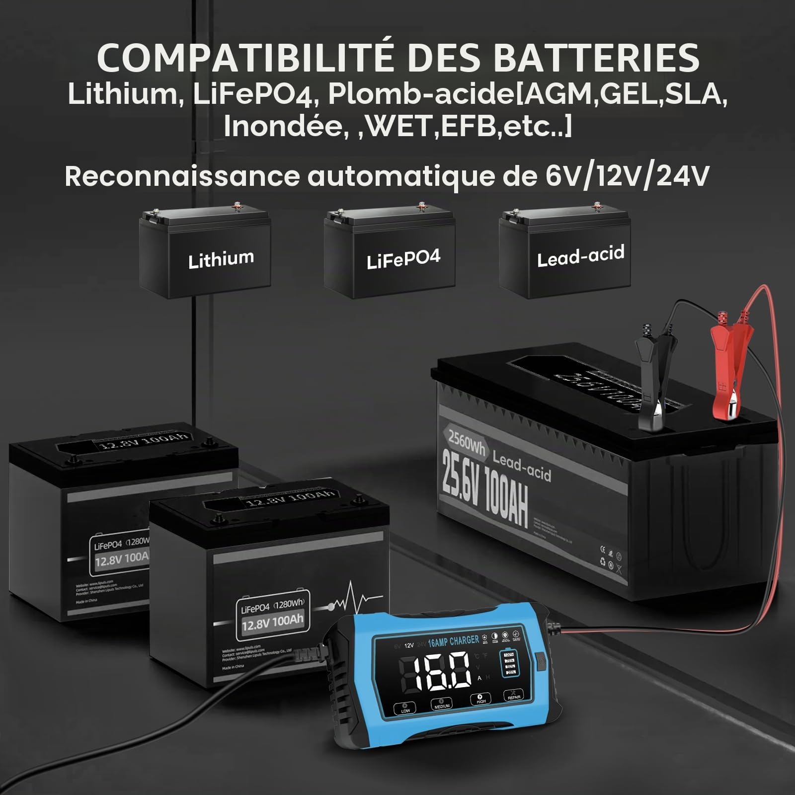Haisito Chargeur de voiture 16 A, 12 V, 16 A, 24 V, 10 A, batterie au lithium LiFePO4, chargeur au plomb acide (AGM, SLA etc.) avec fonction de charge à 10 niveaux, écran LCD pour voiture