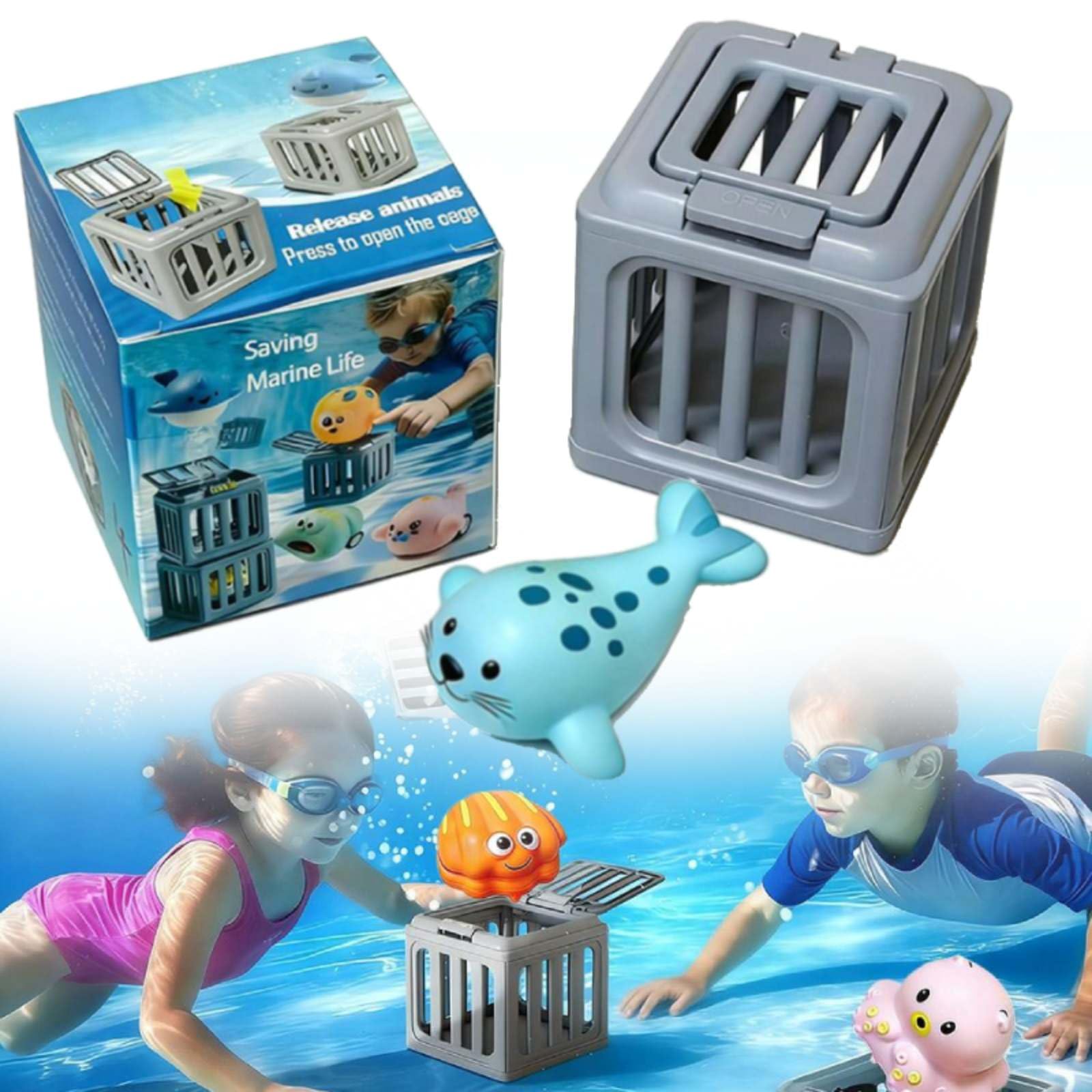 Underwater Dive Rescue Toy, Pool Diving Toys Summer Water Dive Pool Set with Fish Box Floating Animals, Colorful Animal Sinkies Swimming Training Party Gifts for 3-12 Year Old Boys and Girls (seal)