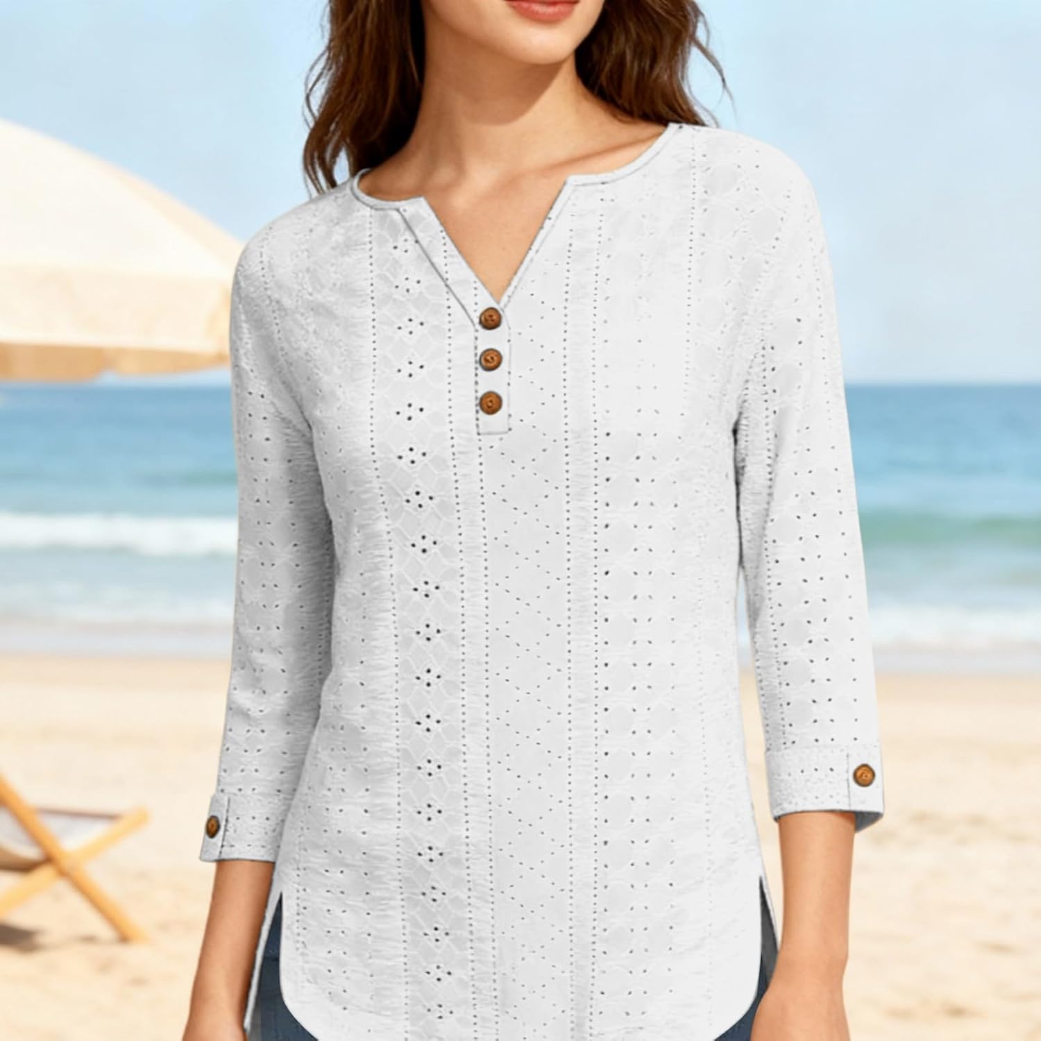 Womens Tops 3/4 Sleeve V Neck Button Down Shirts Business Casual Outfit Basic Tees Summer Tops