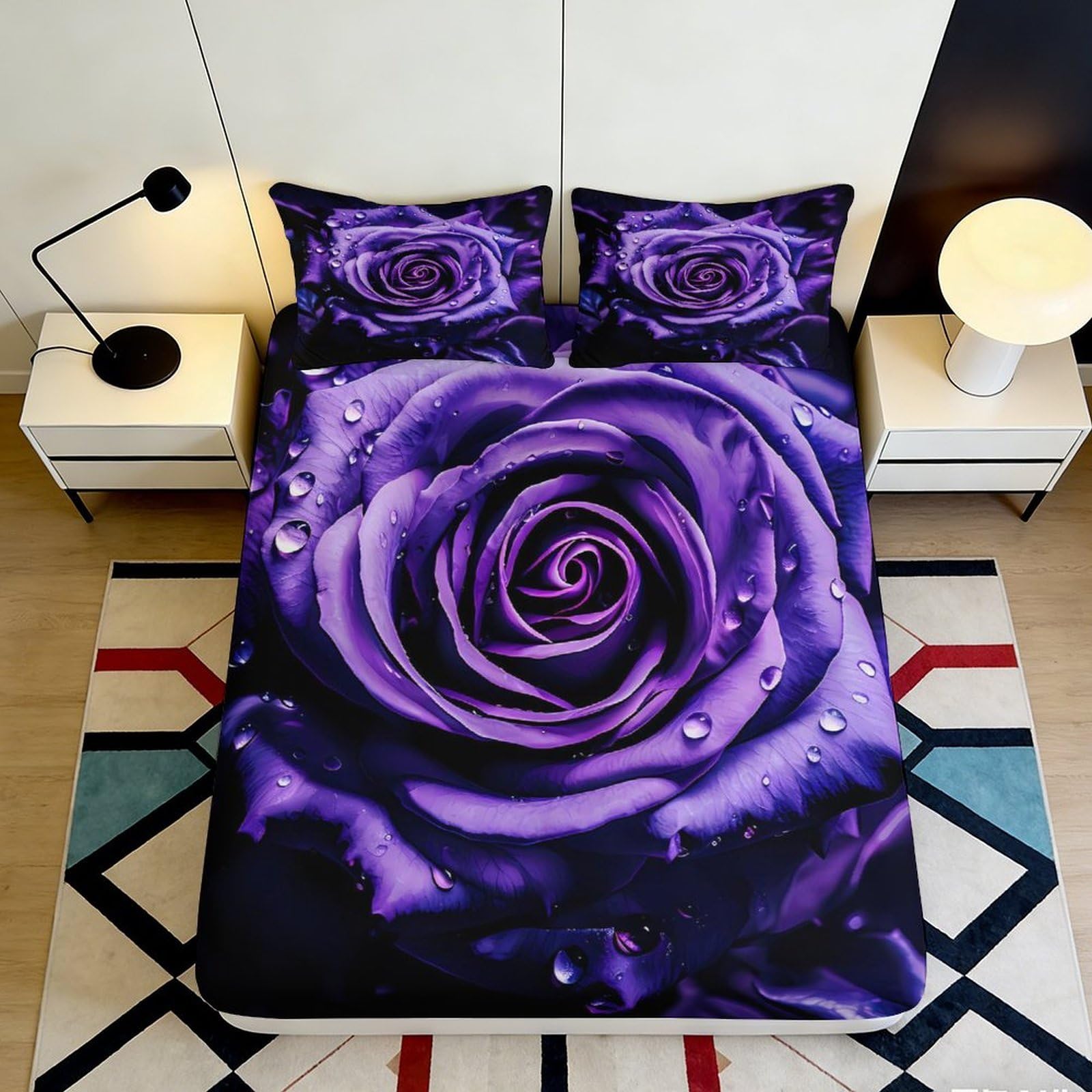 Uynsixtme Style-3 3D Printed Purple Rose Fitted Sheet Microfiber Deep Pocket Bedroom Bedding Purple Rose Mattress Fitted Cover 200X200x25cm