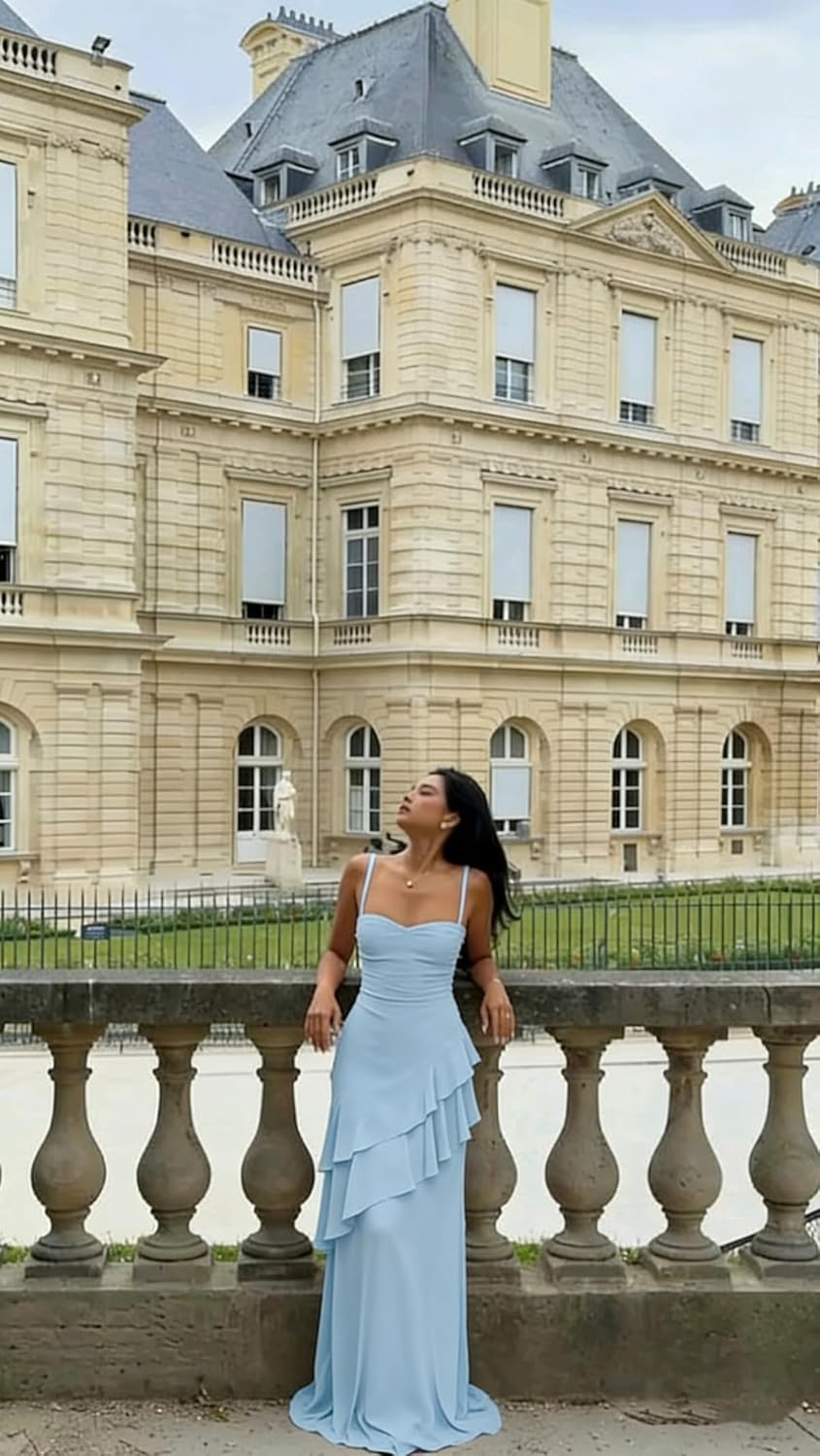 Tiered Ruffle Bridesmaid Dresses Long Spaghetti Strap Prom Dress Chiffon Formal Evening Gowns 2026