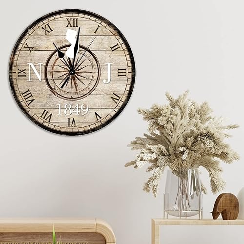 Miniatura 4 de Reloj rústico americano de los Estados de Nueva Jersey establecido en 1849 con mapa de brújula, reloj de pared de madera vintage, estilo retro de