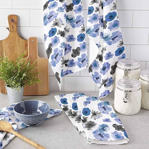 Miniatura 3 de Image Duvet 2 Pack Cotton Kitchen Dish Cloths Towels, Ink Painting Flowers Blue Black 18 x28 Inch Soft Absorbent Kitchen Decoration Hand Towels for