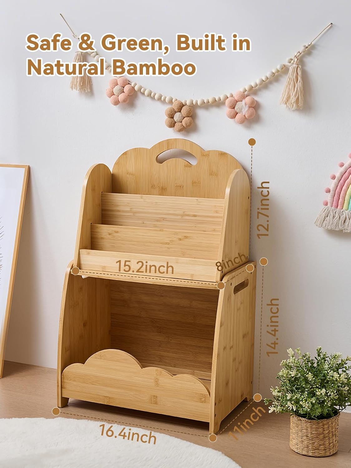 Bamboo Kids Bookshelf 3-Tier with Modular Storage, Montessori Bookcase for Toddler Kids Rooms, Baby Nursery, Playroom, Classroom