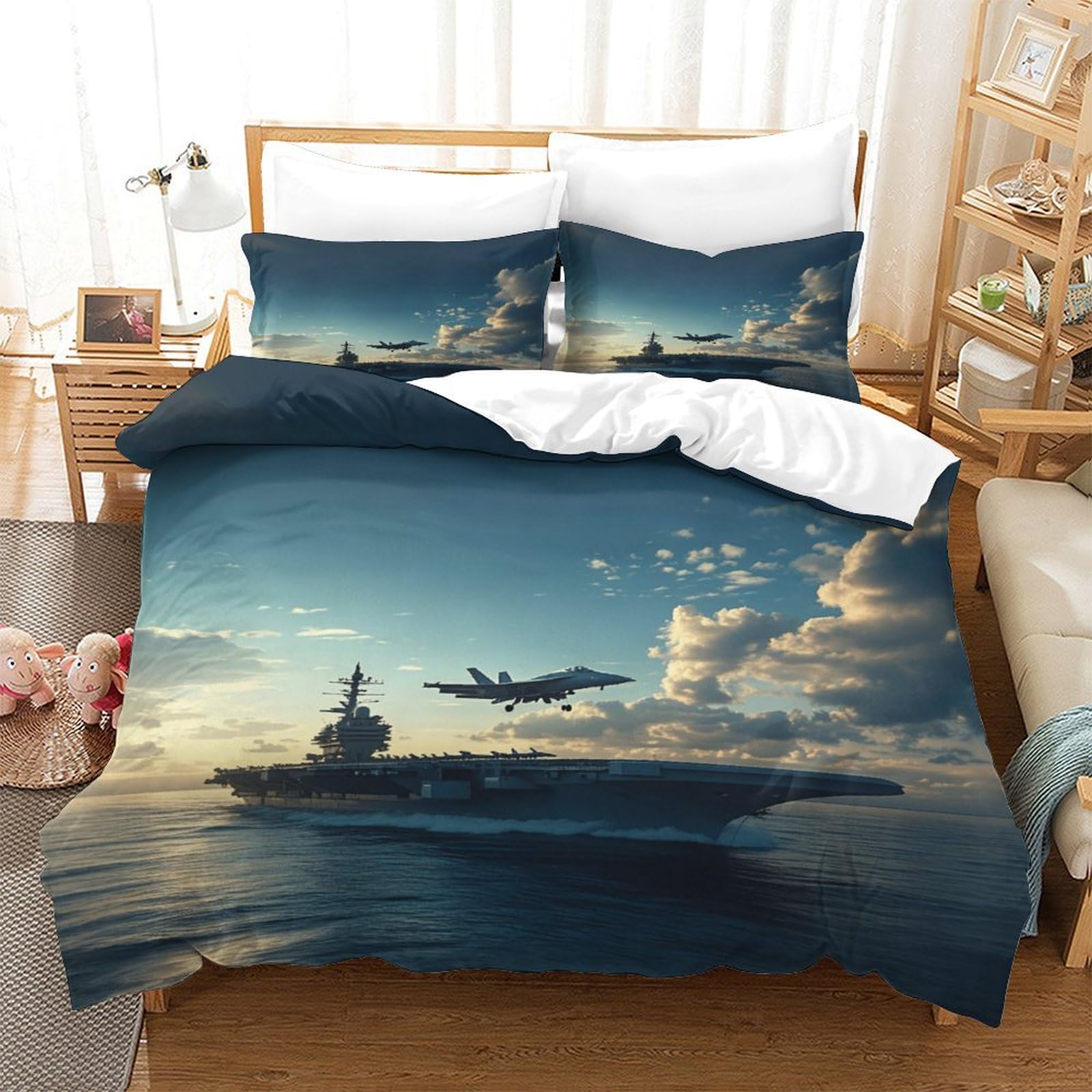 XiaopangXY F35 Fighter Jet Comforter Cover 3D Printed Duvet Cover Finesse Bed Set with Pillowcase Microfiber Aircraft Carrier Quilt Cover with Zipper Closure for Childs & Adults Double（200x200cm）