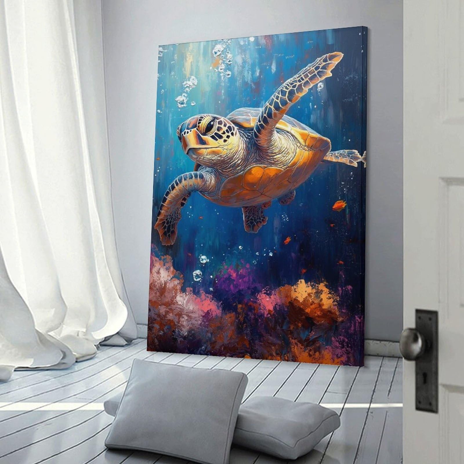 Junmoney Sea Turtle Underwater Painting Decorative Wall Artwork, 24x36inch(60x90cm), for Home Lounge, Bedroom Or Reading Nook, Easy Decor for Gallery Walls