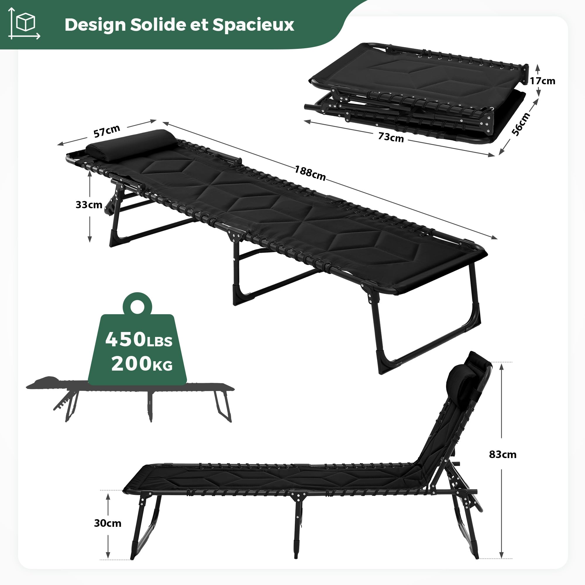 Palawano Transat de Jardin Extérieur Pliable Rembourré 190 × 70cm | Dossier Réglable 5 Positions , Appui-Tête Réglable, Cadre en Acier Supportant 200kg, Toile Oxford 600D ; Plié : 75×55×13cm