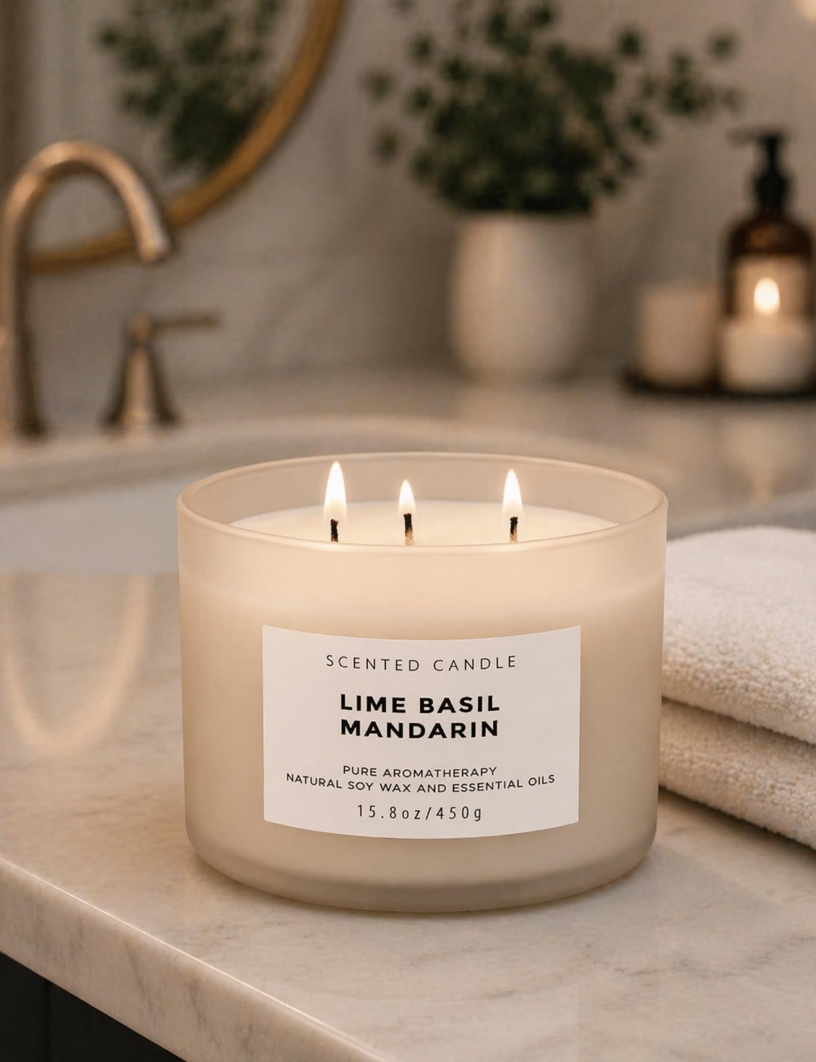 Candela di soia con 3 stoppini al lime, basilico e mandarino, candela profumata per la casa, fragranza pulita e a lunga durata, fragranza di erbe fresche e agrumi, pronta per il regalo