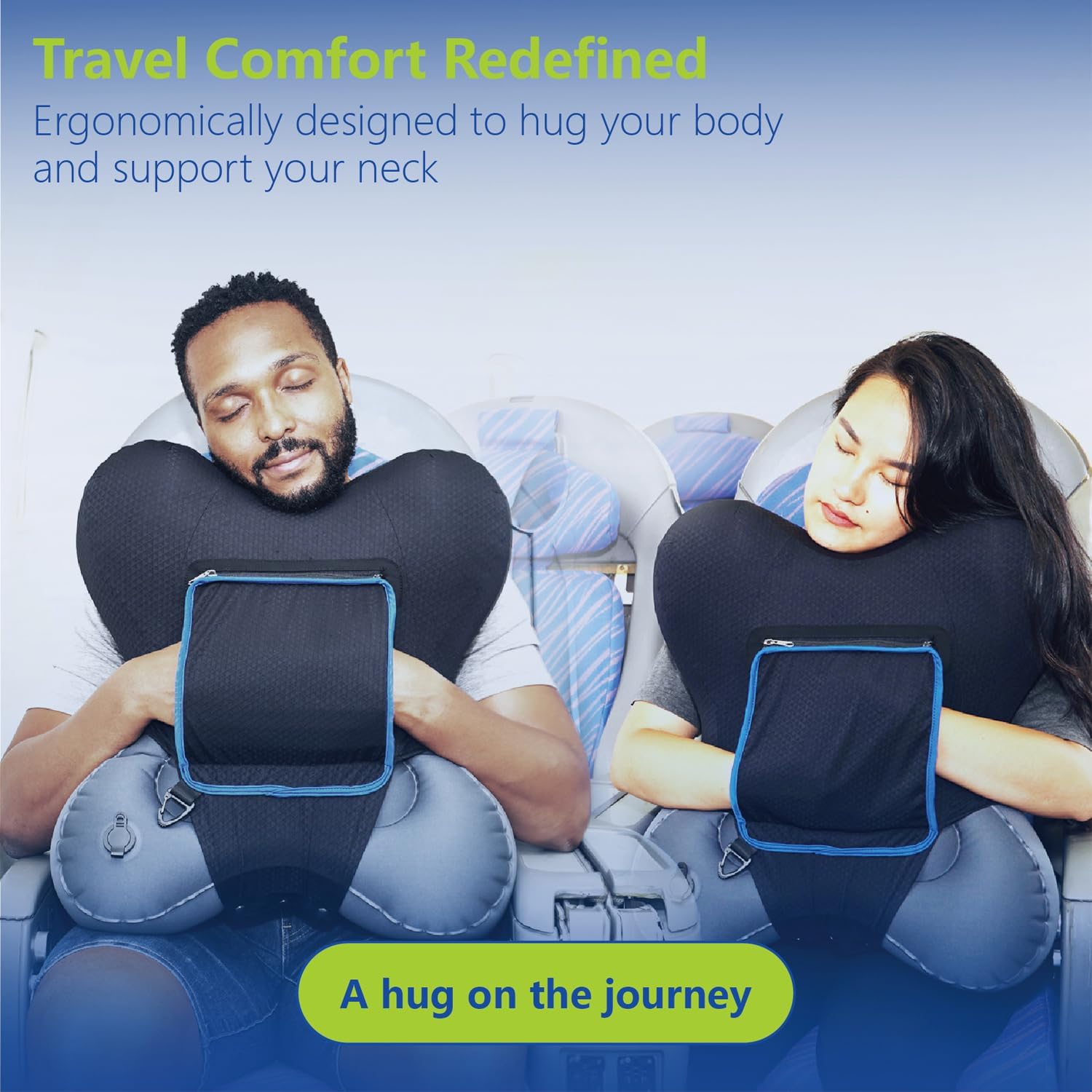 HEYDNA X-Travel Pillow - Inflatable Travel Pillow with Arm Pockets, Removable Cover, Compact for Airplane, Car, Train | Ergonomic Neck and Body Support for Comfortable Sleep Anywhere (Grey)