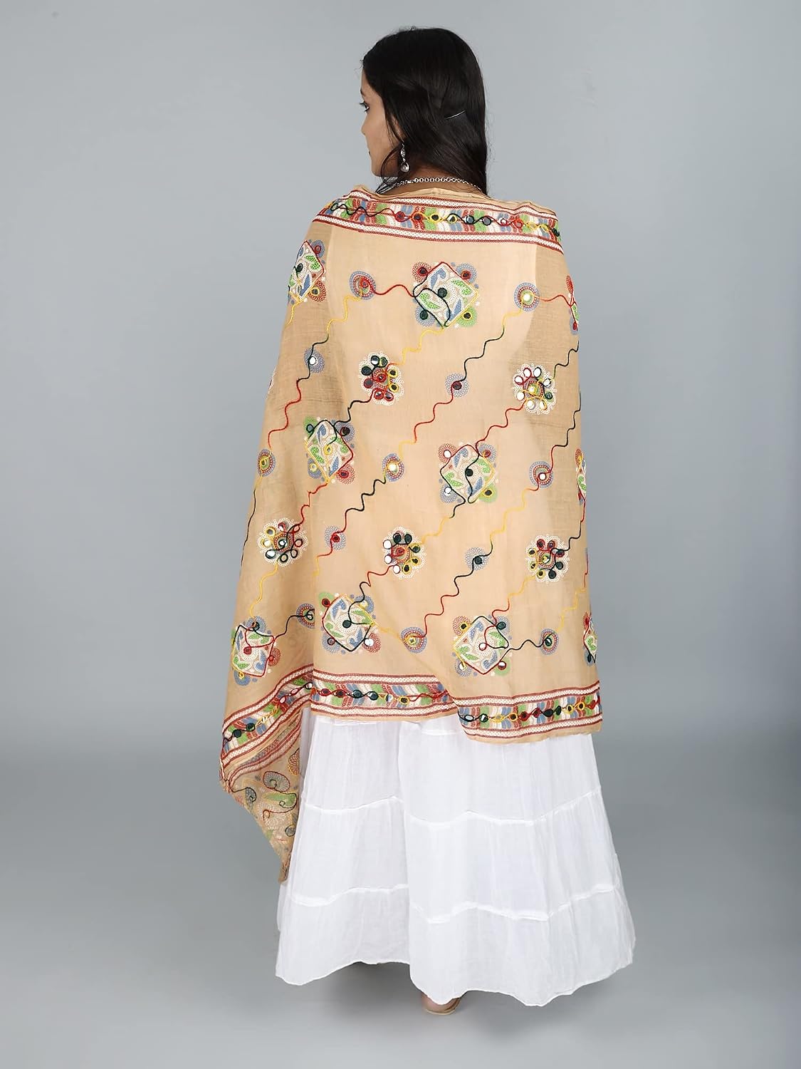 Exotic India Pure Cotton Printed Dupatta for Women's | Floral Motif Chunni Hand-Stitched Mirror Work