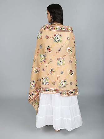 Exotic India Pure Cotton Printed Dupatta for Women's | Floral Motif Chunni Hand-Stitched Mirror Work