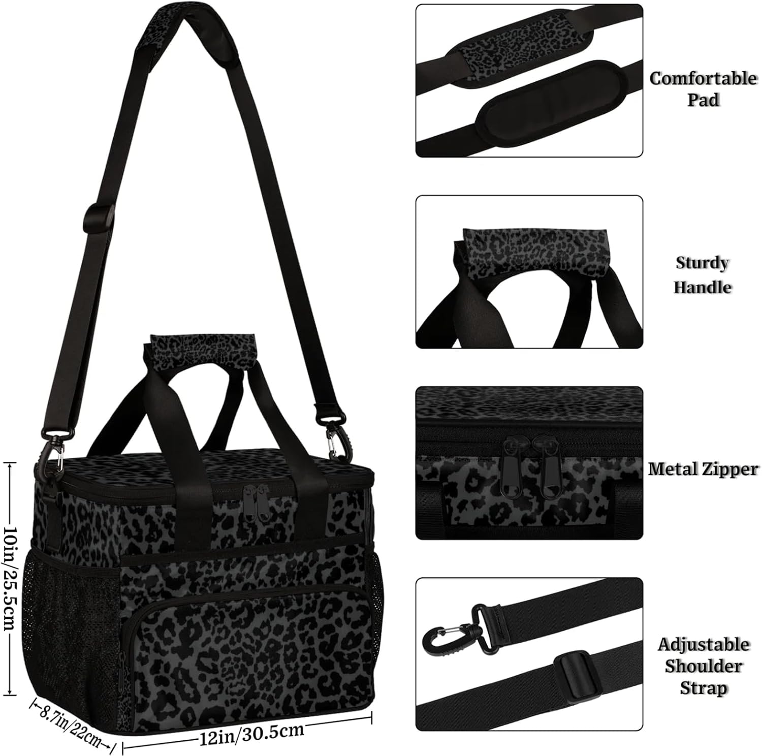 Pardick Soft Cooler Bag Black Leopard Print Insulated Lunch Box for Men & Women, Large Leakproof Lunch Bag Portable Beach Cooler for Work, Picnic, Road Trips,Fishing, Travel, Camping
