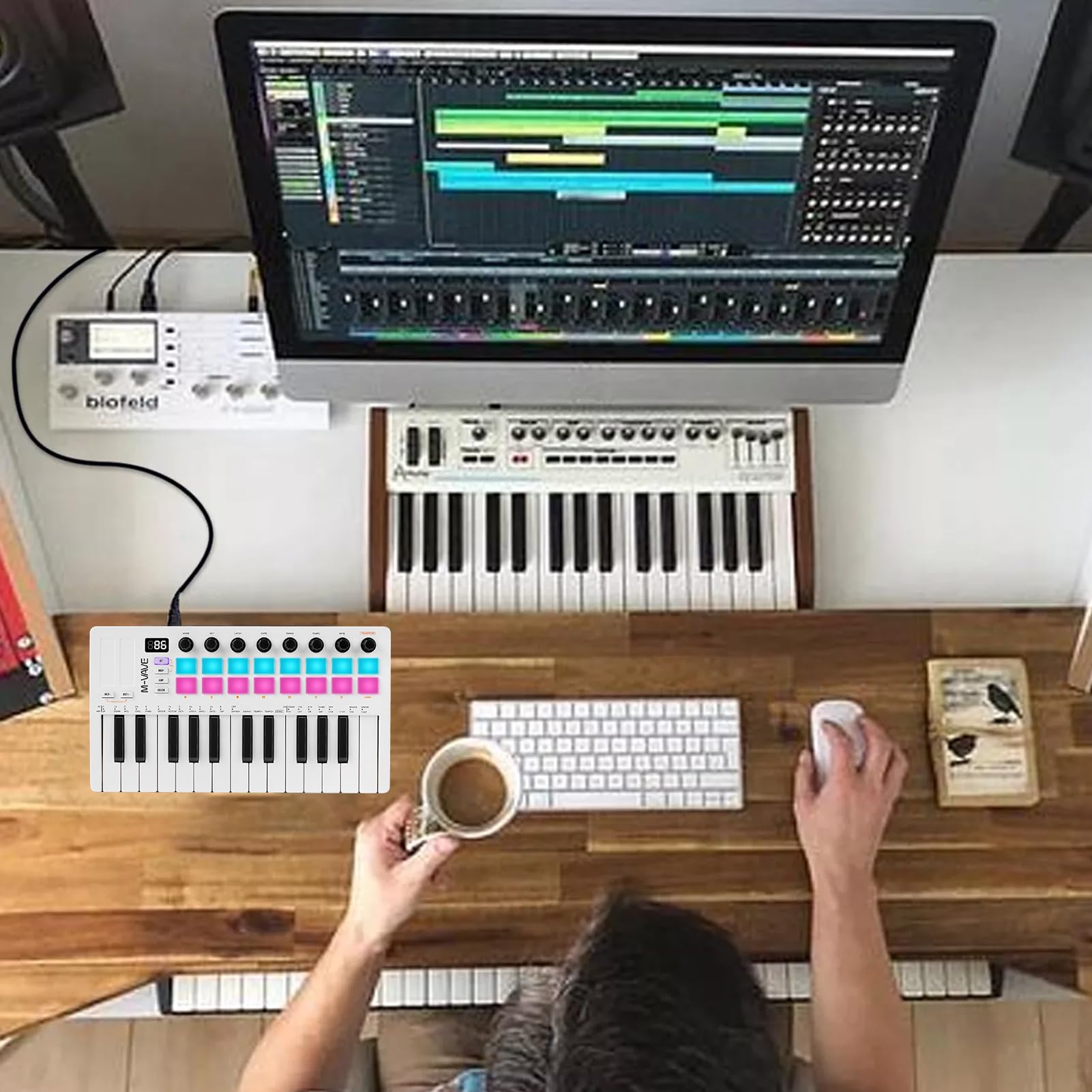 Nikou M-VAVE Upgrade USB Mini Teclado Controlador 25 Teclas, Batería Recargable, Arranger Keyboard Portátil, Almohadillas RGB, Batería Integrada (Blanco)