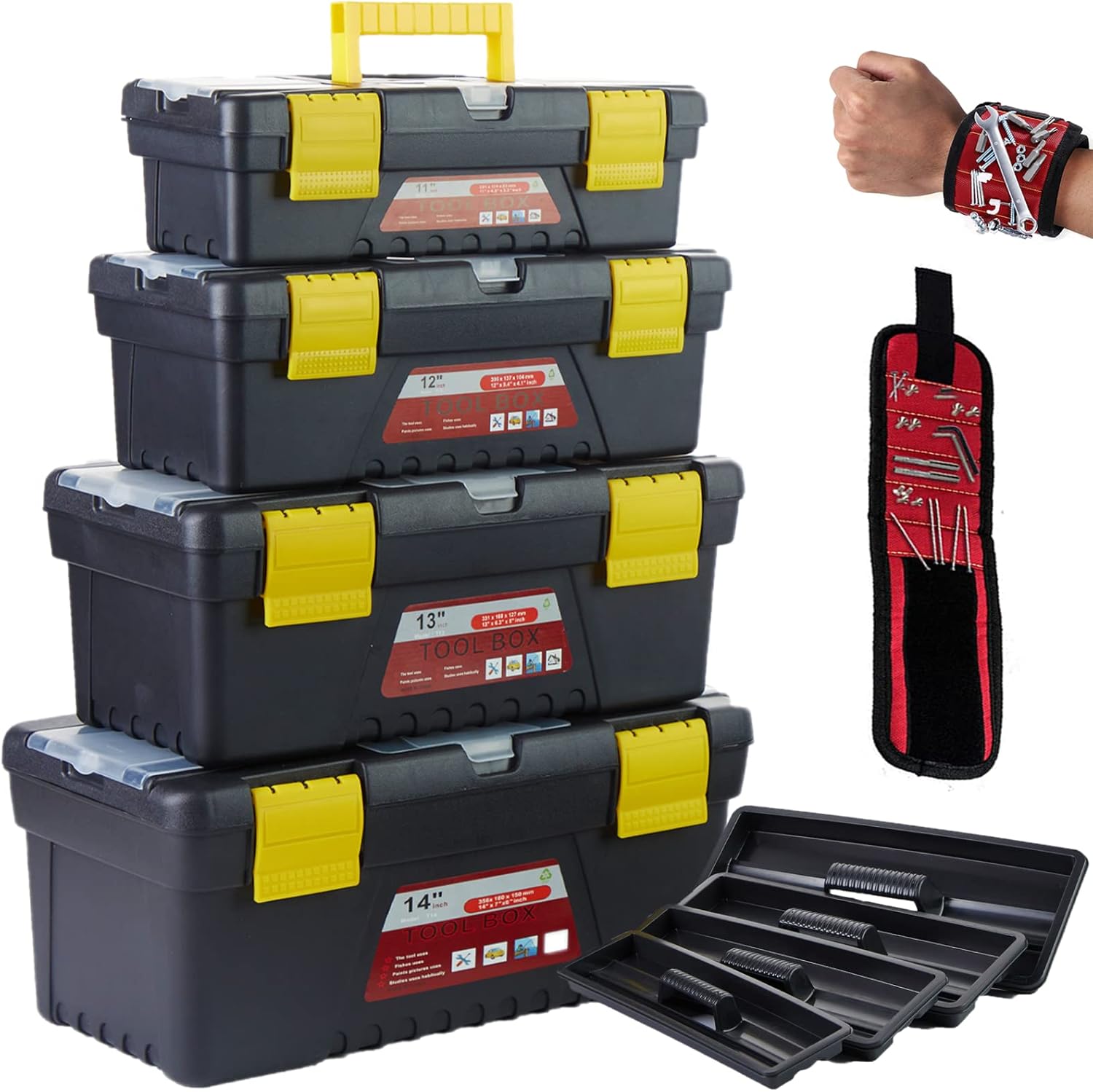4-Piece Tool Box Organizers with Magnetic Wristband,Plastic Toolbox Set Size 11 "&12"&13 "&14",Storage Container with Removable Tray,Tool Chest Perfect for Home/Garage/Car Trunk/Repair Shop-BLACK - - 