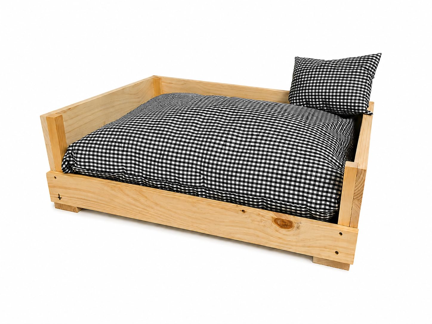 Cama para Perro de Madera Premium, Diseño Vichy Negro, Colchón Lavable y Desenfundable, Hecha a Mano en España, con Cojín de Regalo, Tallas M, L y XL