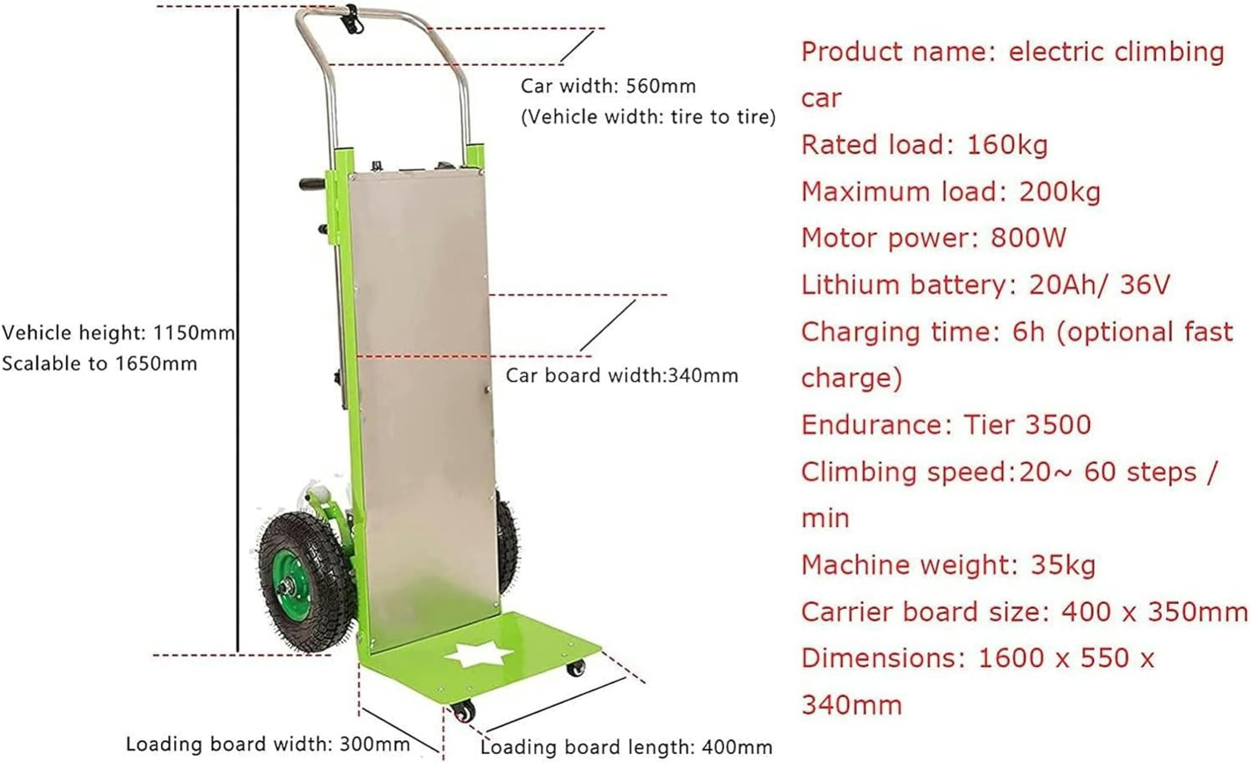 Sube-escaleras sobre orugas Silla de Ruedas Sube-escaleras eléctrica, Carretilla para Objetos Pesados, Motor sin escobillas, Batería extraíble (48 V/24 Ah), Capacidad de Carga 320 kg, Subir