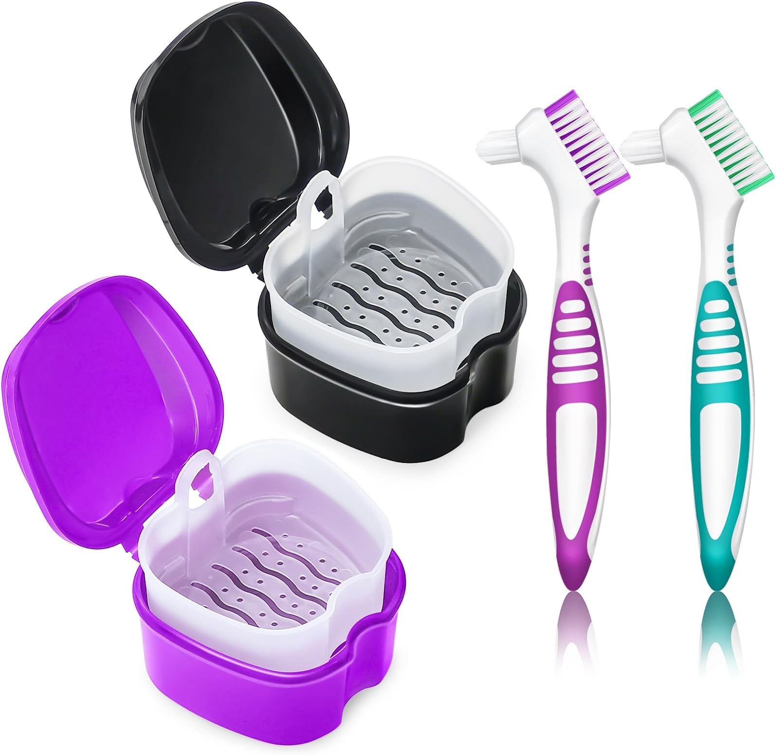 Denture Bath Case Denture Cleaning Cup with Brush Set, 2 Pack False Teeth Container Denture Storage Bath Box Case Retainer Holder Case with Strainer Basket and Lid Waterproof - Purple & Black