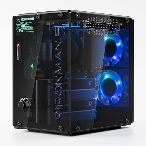 Pironman 5-MAX Dual NVMe M.2 SSD PCIe PC Case for Raspberry Pi 5 NAS RAID 0/1 Hailo-8L AI Accelerator PWM Tower Cooler+Dual RGB Fans, 0.96" OLED Module, Safe Shutdown, Standard HDMI(RPI5 Not Included)
