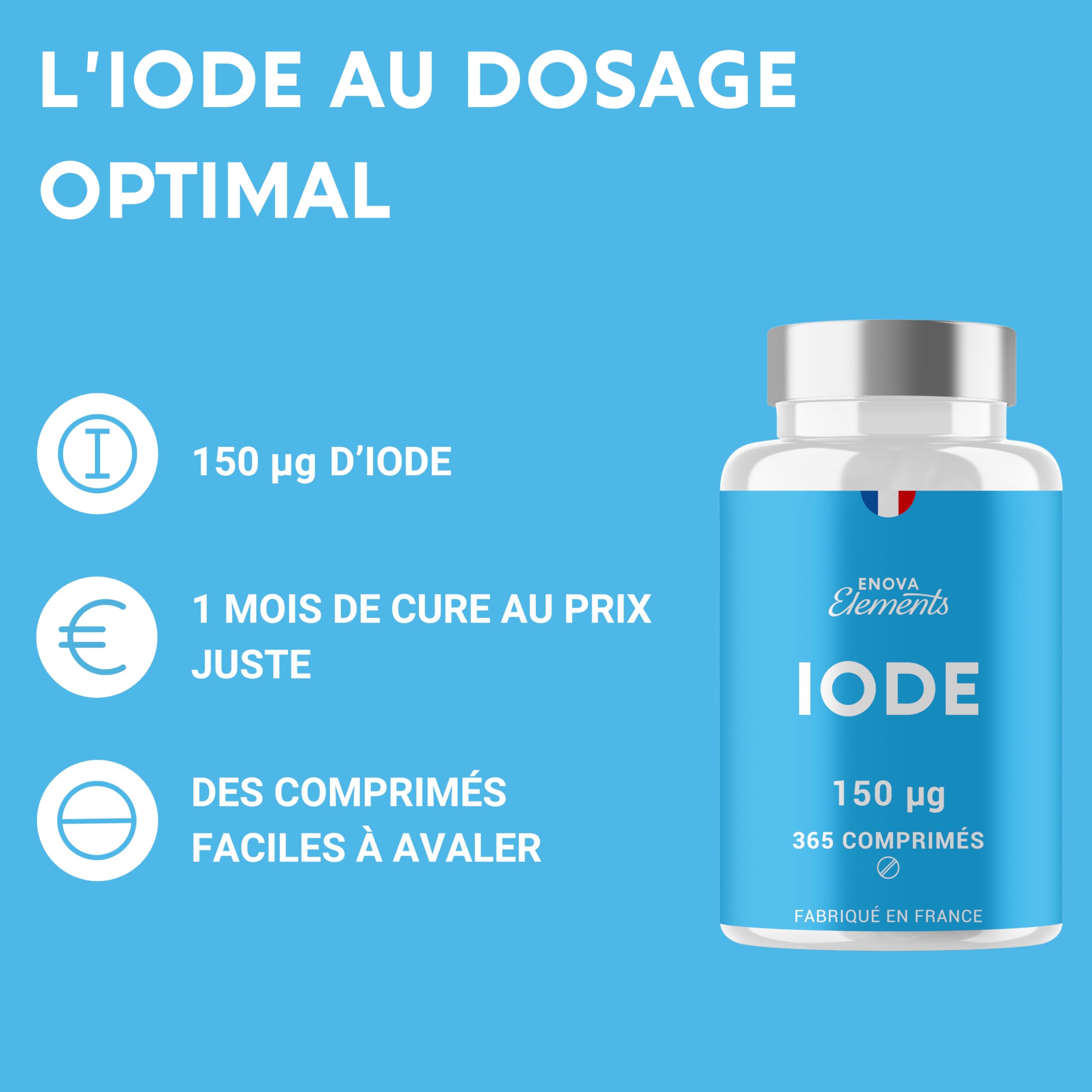 IODE 150 MCG | 365 petits comprimés | Iode thyroide | Fabriqué en France | Iodure de Potassium | Complement alimentaire | Sans additifs indésirables