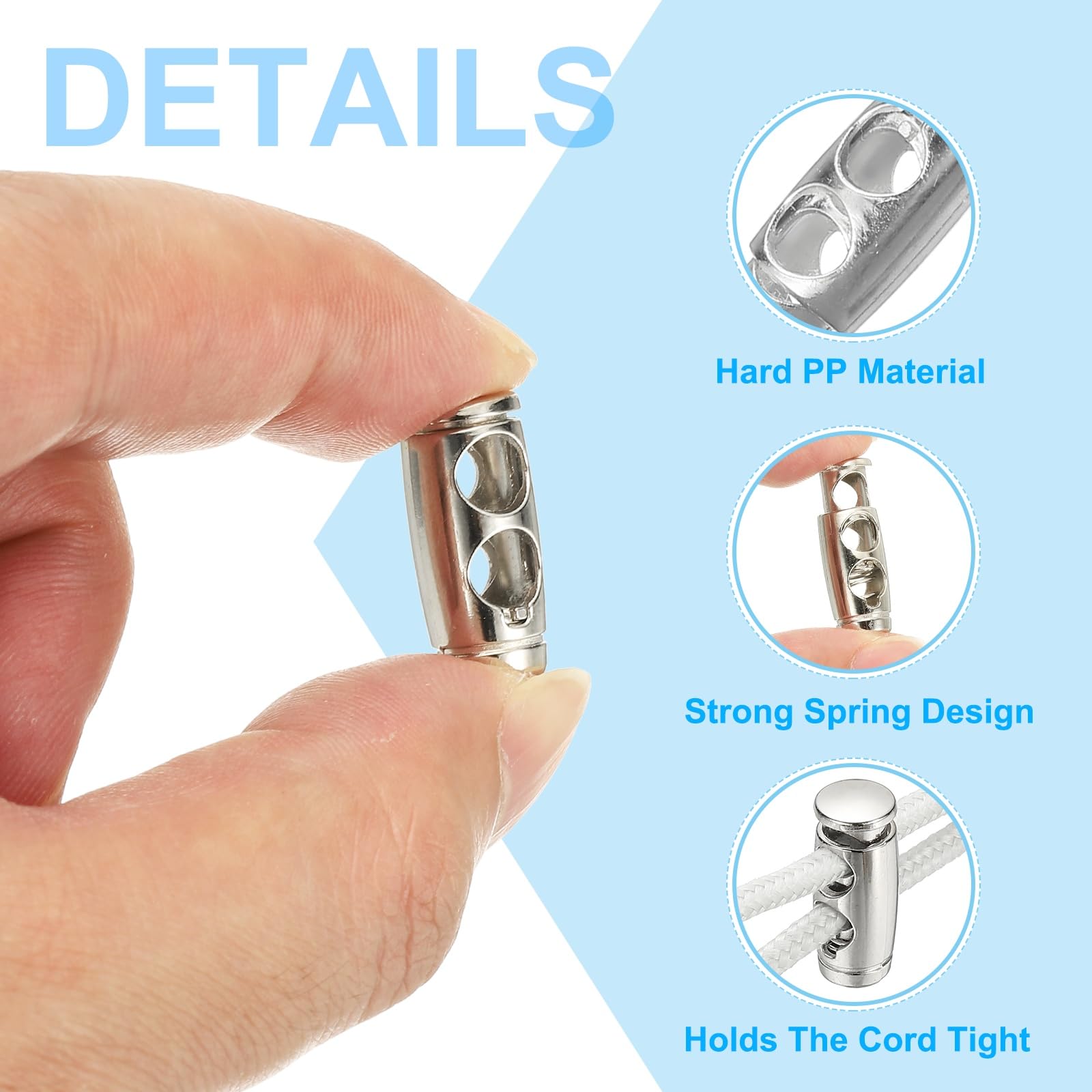 PATIKIL 24PCS Metal Cord Locks for Drawstrings Spring Cord Lock Toggles Stopper Clamp 2 Holes Adjustable Slider End Fastener for Paracord Outdoor Bag Shoes Backpack Silver - Image 3