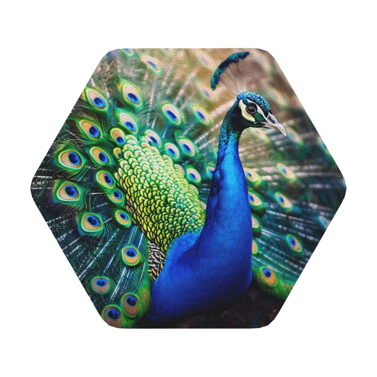 Beautiful peacock Print Leather Coaster Set of 6, Hexagon Coasters Table Decorative Coffee Cup Beverage Coasters Wine Beer Bar Coasters for Hot Drinks Table Protection