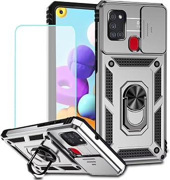Case for Galaxy A21S Case, Samsung A21s SM-A217F Case with Tempered Glass Screen Protector and Slide Camera Cover, 360 Rotate Ring Stand Magnetic Cover for Samsung Galaxy A21S Silver