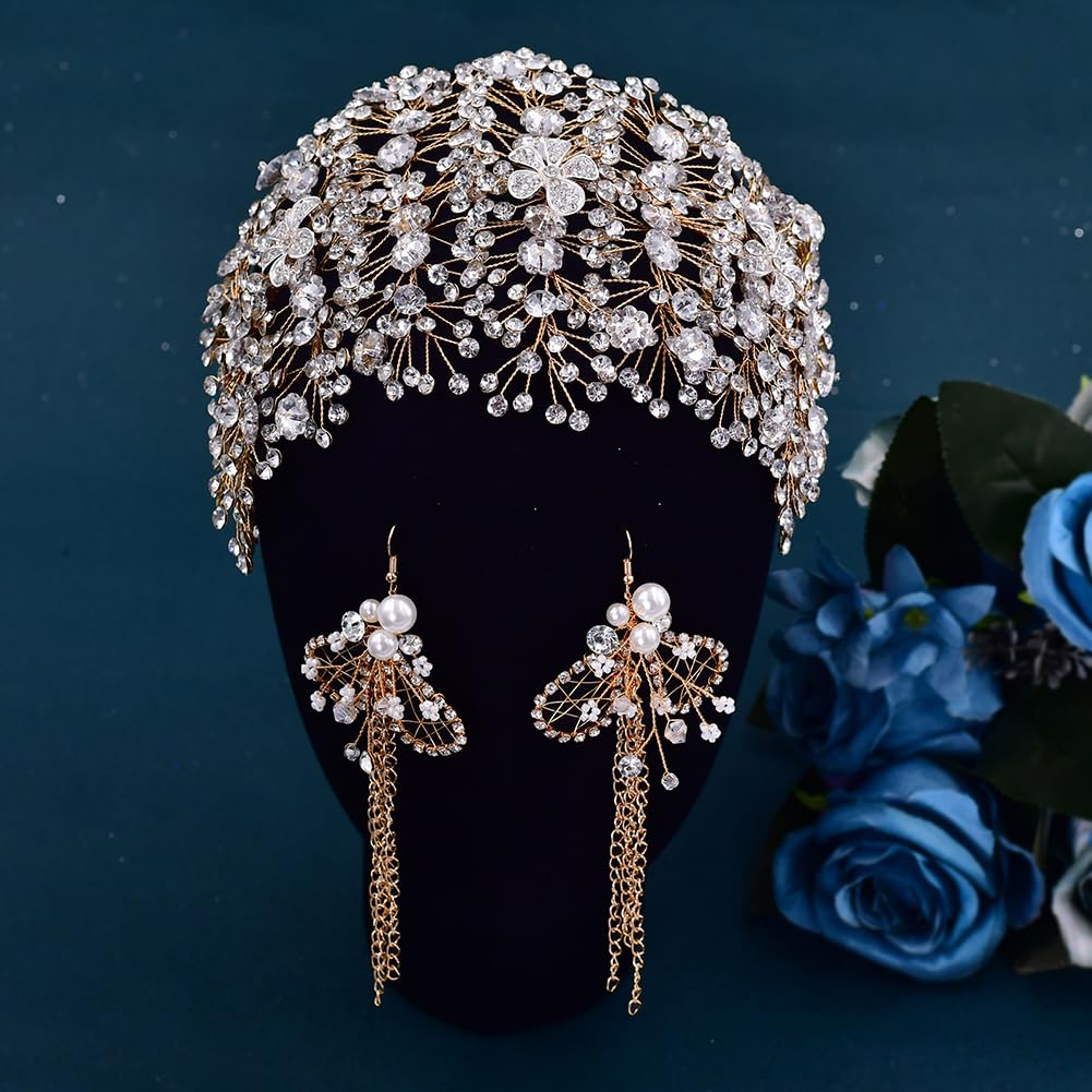 Diadema de diamantes de imitación para novias, hecha a mano, para boda, accesorios para el cabello (dorado + aretes de gancho para las orejas)