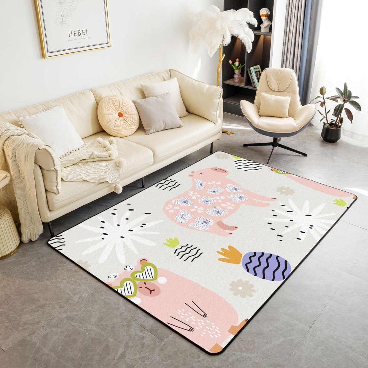 Capybara Area Rug 5x7 for Kids Boys Girls Cute Animal Decorative Carpet Set Pineapple Floral Printed Living Room Rugs Funny Animal Theme Bedroom Decor Nature Theme Indoor Floor Mat