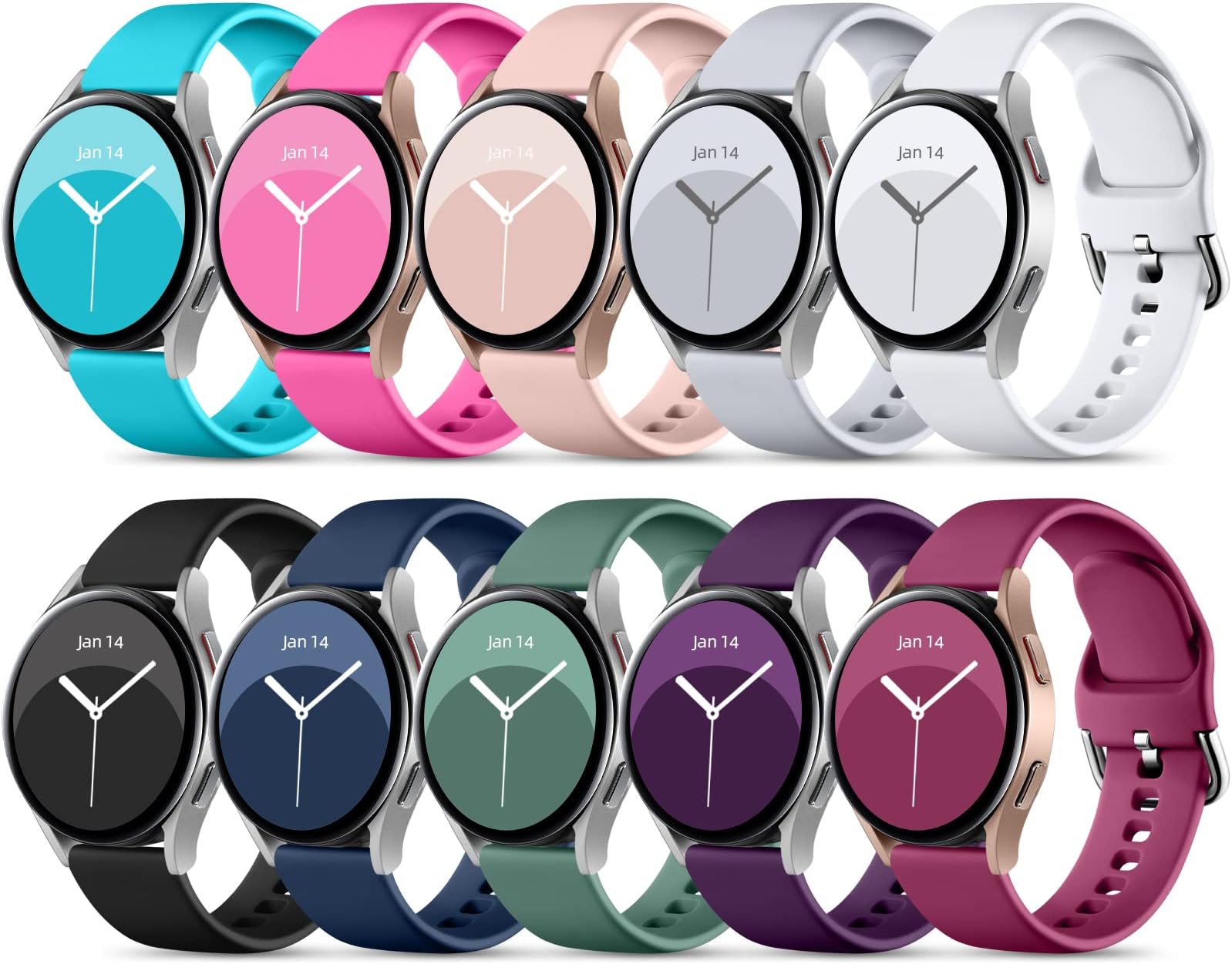 DaQin 10 Pack Bands Compatible with Samsung Galaxy Watch 7/6/5/4 40mm 44mm/Watch 6 Classic 43mm 47mm/Watch 5 Pro 45mm/Watch 4 Classic/Active 2 Band, 20mm Soft Silicone Sport Strap Wristbands Women Men