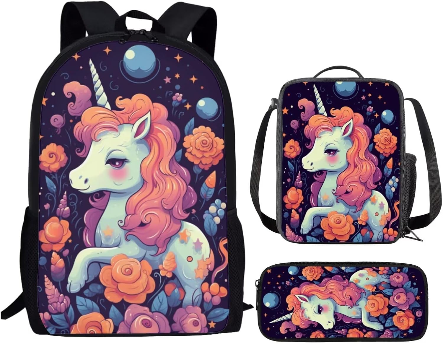 Cute Floral Unicorn Backpacks for Girls Boys School Cute Kids Backpack Bookbags with Lunch Box Pencil Bag for School Elementary Girl Boy Cute Animal School Bag