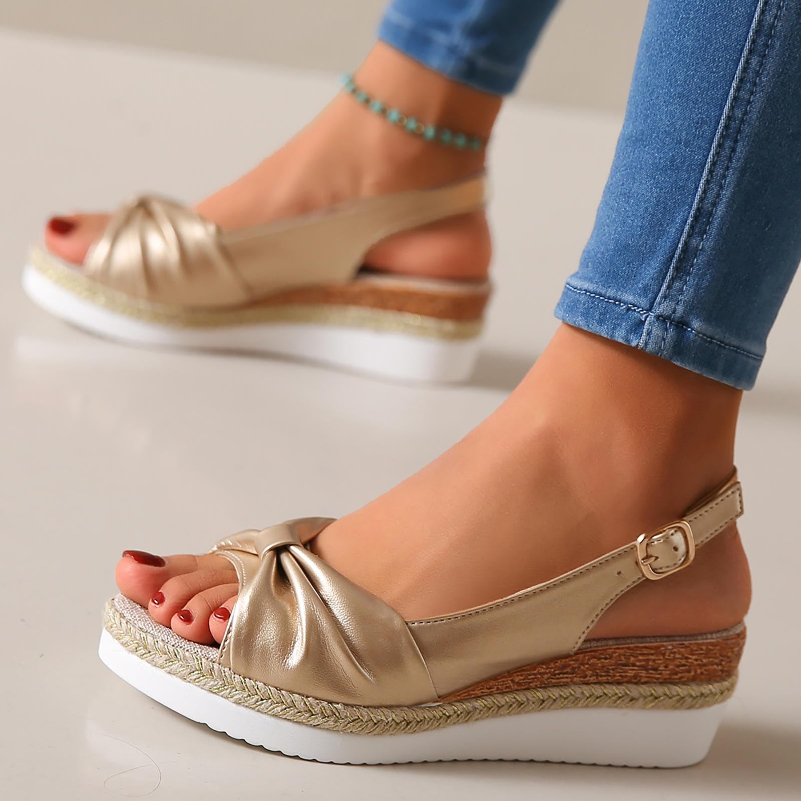 Sandali con zeppa da donna, estivi, con plateau Espadrille Bowknot, con punta aperta, con cinturino alla caviglia, regolabile, per il tempo libero, estivo