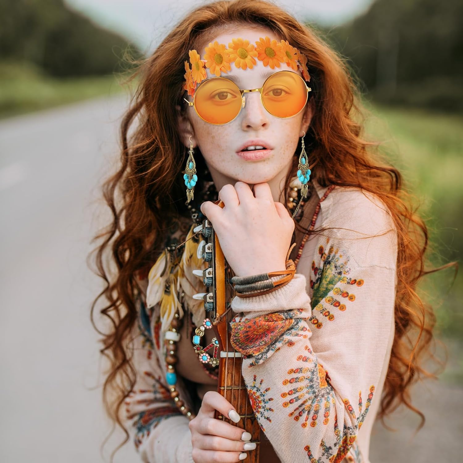 Hicarer Hippie Costume Accessories Include Sunglasses, Peace Sign Necklace, Boho Headband and Earring for 60s 70s Party - Image 6