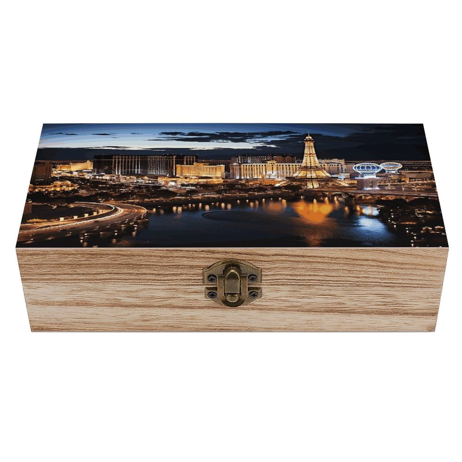 VstaDank Las Vegas Night View Wooden Keepsake Box with Hinged Lid Solid Wood Gift Boxes Beautifully Keepsake Box Jewellery Organiser Retro Memory Treasure Case with Lids Decorative Boxes