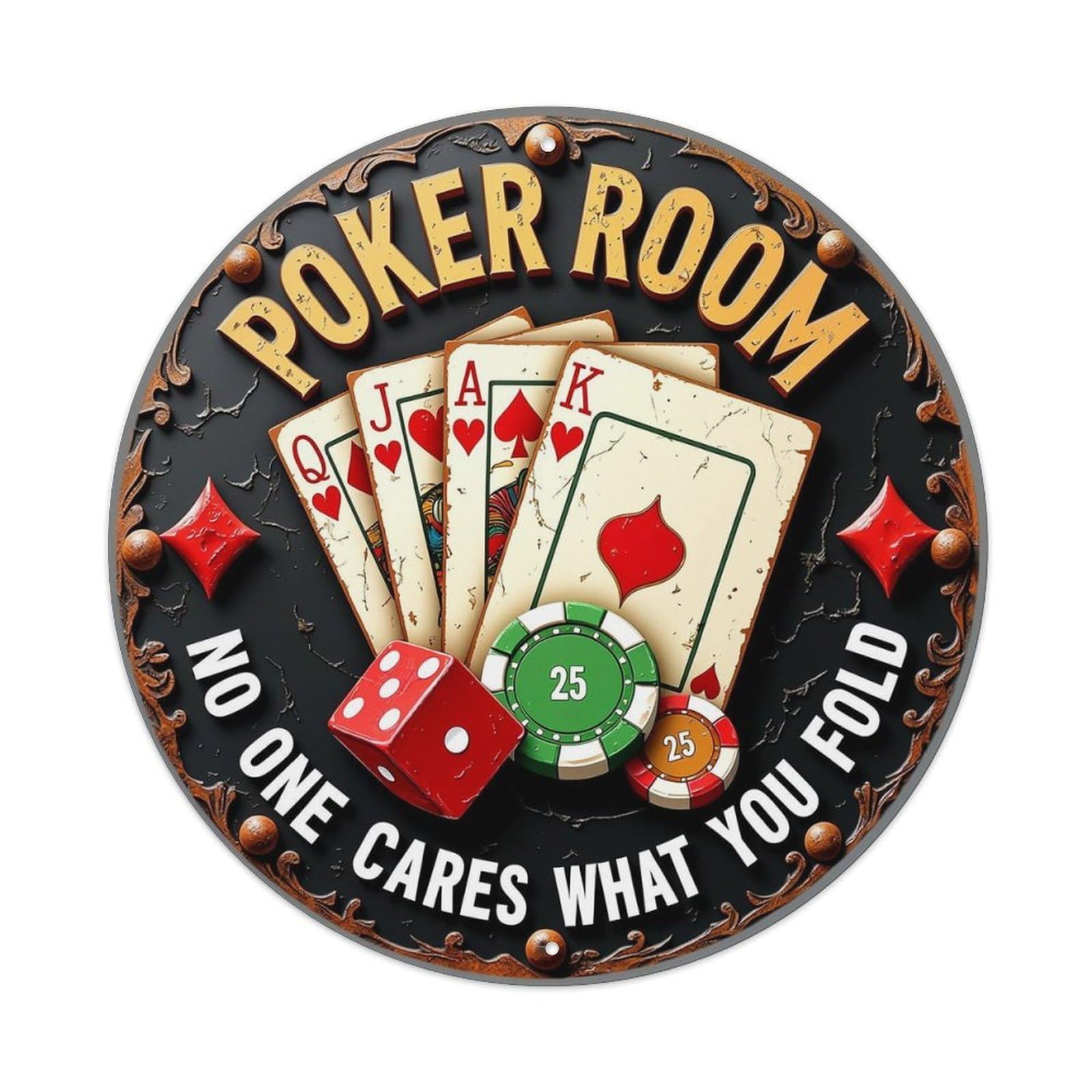 Poker Room Card Chip Dice Tin Sign Metal Poster Vintage Metal Signs for Home Man Cave Bar Cafe Kitchen laundry room Wall Decorations 8x8 inches