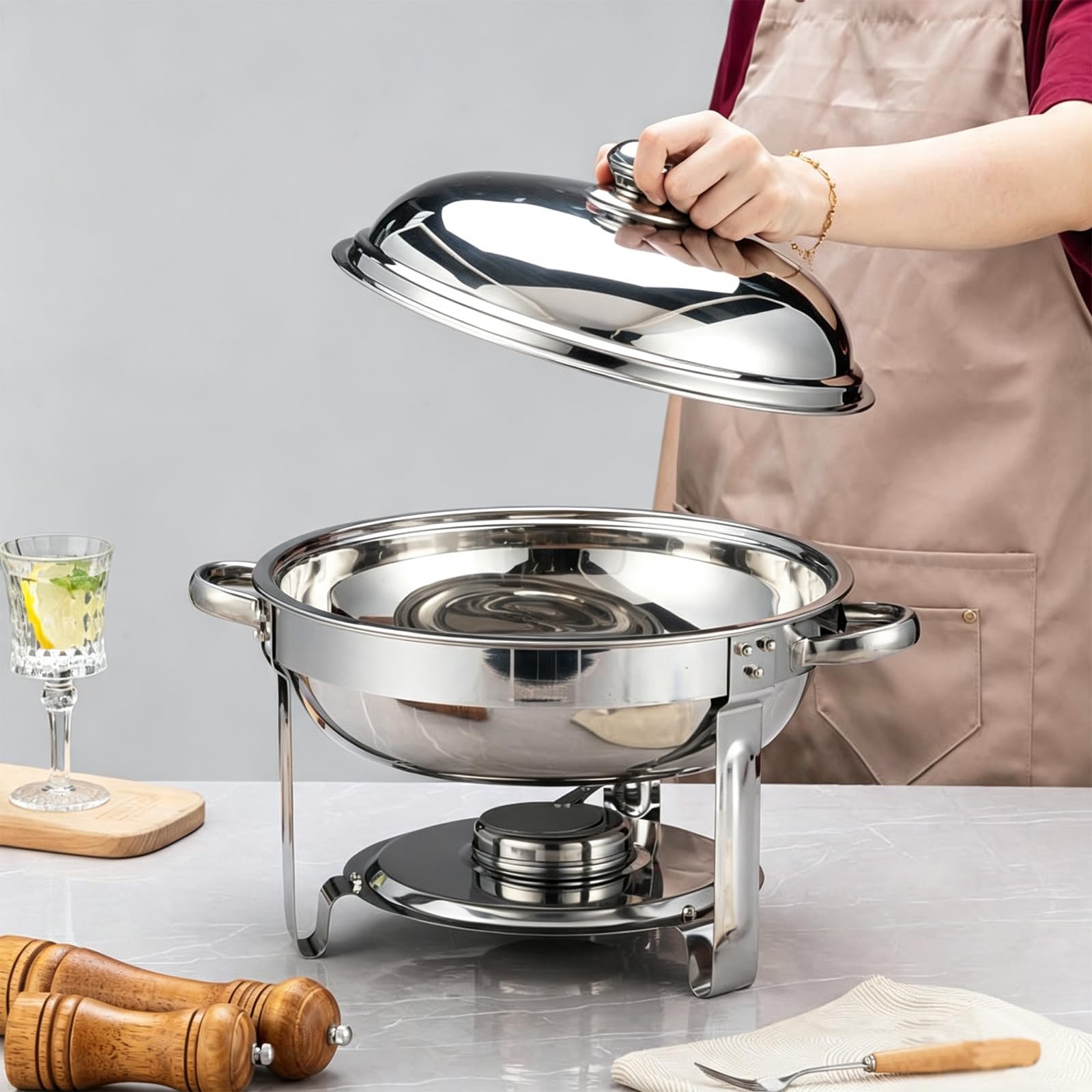 6 L Redondo Chafing Dish, Calentador de Alimentos de Acero Inoxidable | Platos para Calentar Alimentos de Acero Inoxidable,Bandejas Extraíbles,para Restaurante, Fiestas, Bodas, Catering